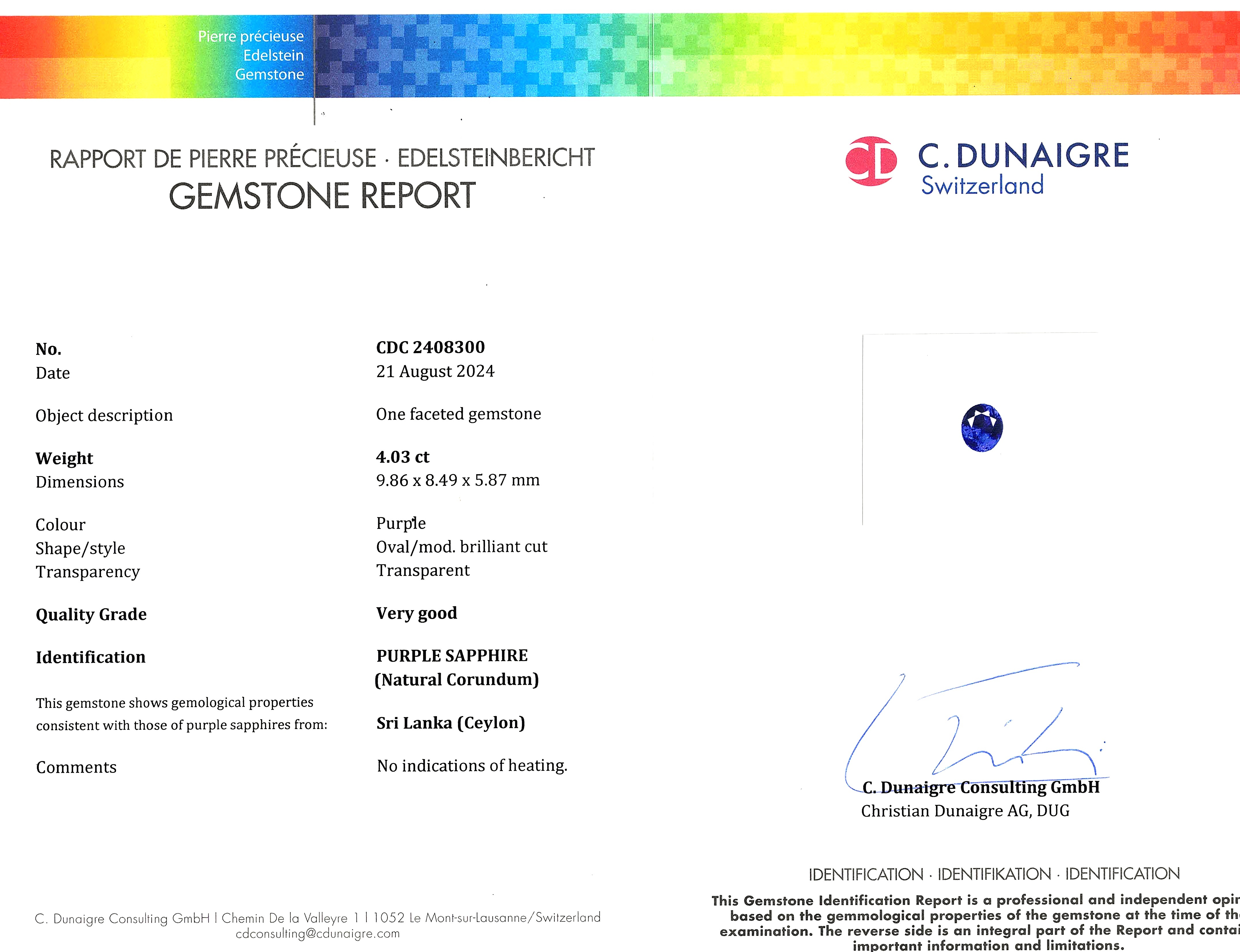 4.03 Ct. Purple Sapphire from Ceylon (Sri Lanka)
