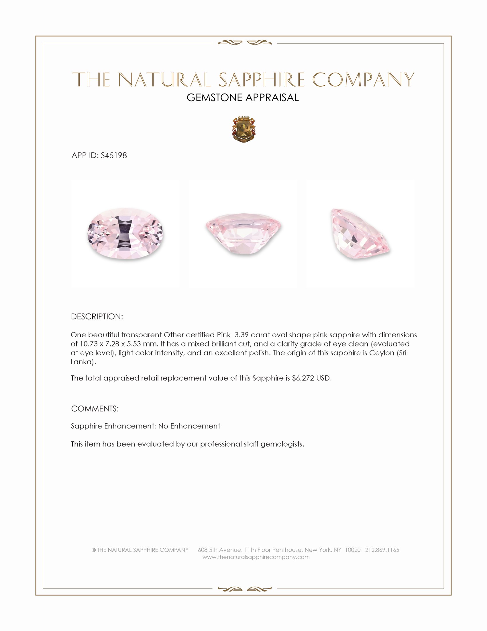 3.39 Ct. Pink Sapphire from Ceylon (Sri Lanka)