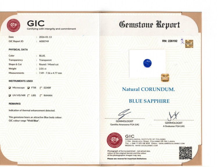 2.01 Ct. Blue Sapphire from Ceylon (Sri Lanka)