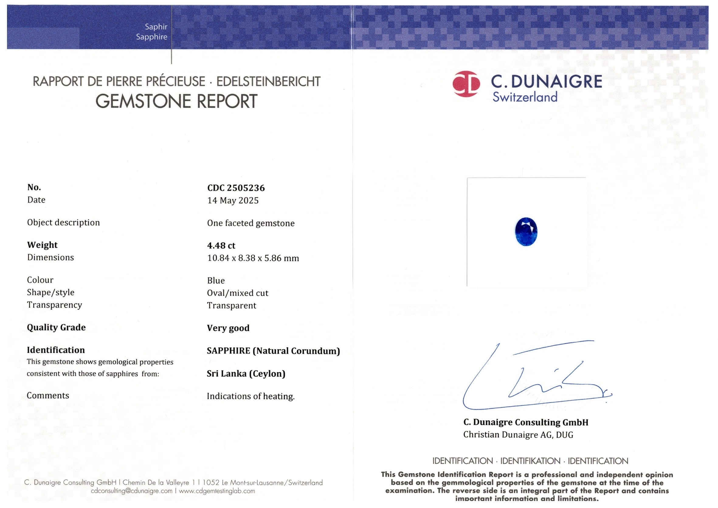 4.49 Ct. Blue Sapphire from Ceylon (Sri Lanka)