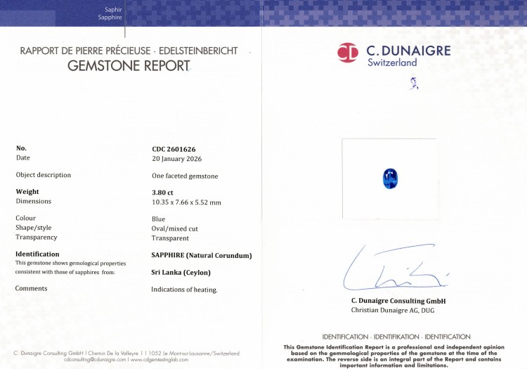 3.80 Ct. Blue Sapphire from Ceylon (Sri Lanka)