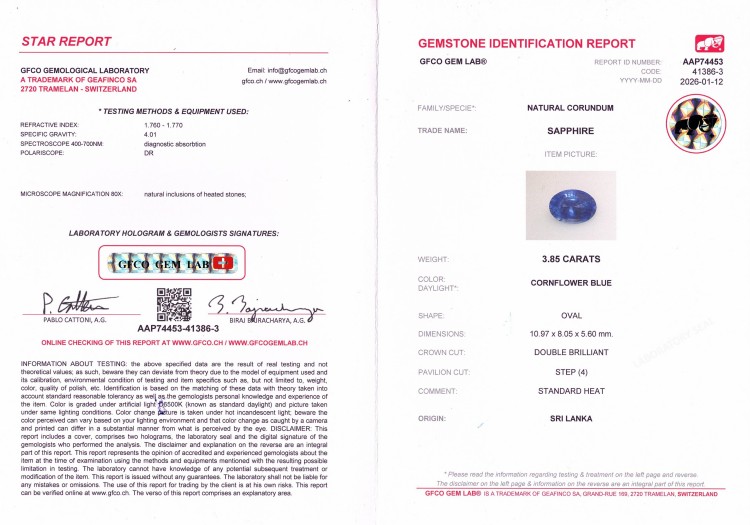 3.85 Ct. Blue Sapphire from Ceylon (Sri Lanka)