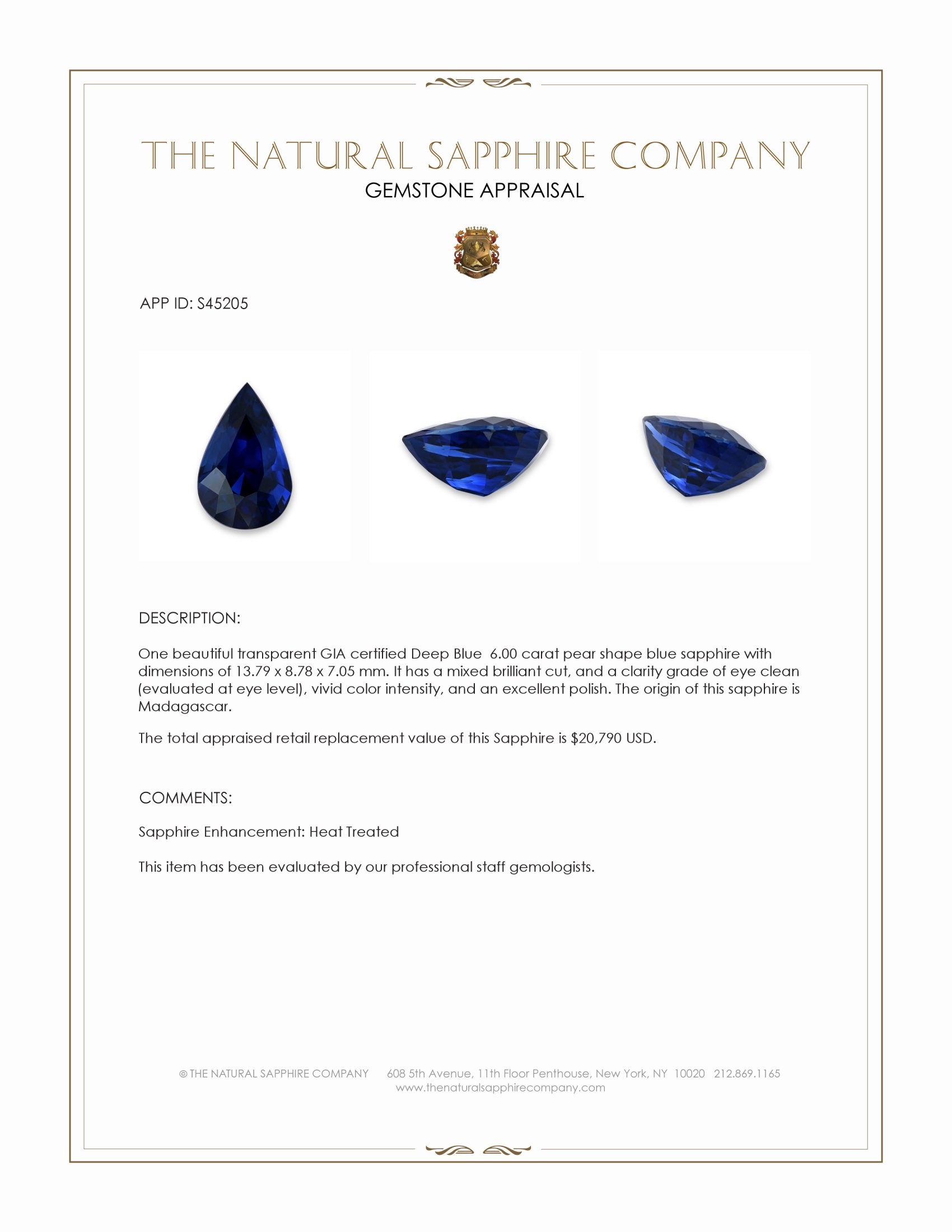 6.00 Ct. Blue Sapphire from Madagascar