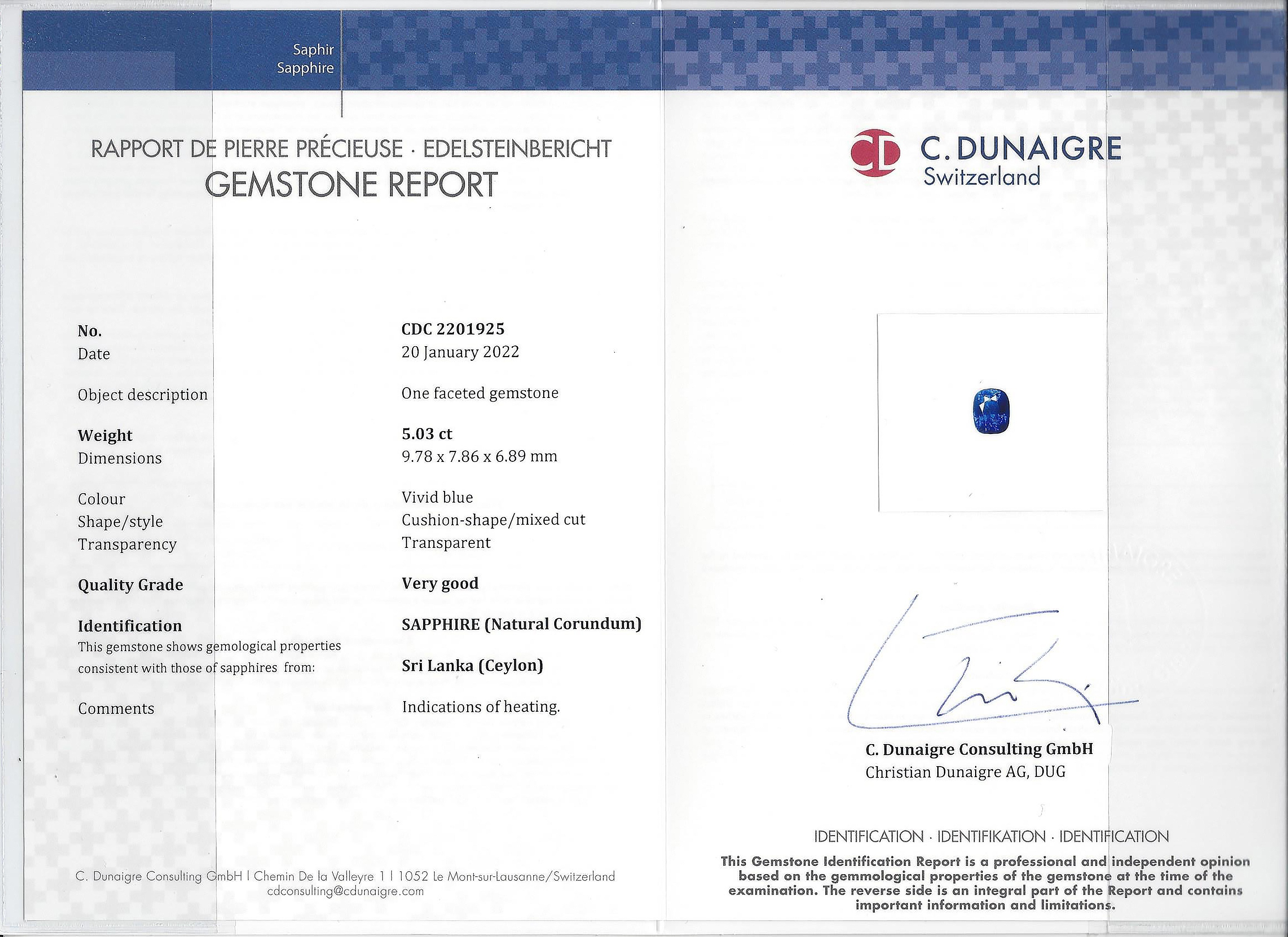 5.03 Ct. Blue Sapphire from Ceylon (Sri Lanka)