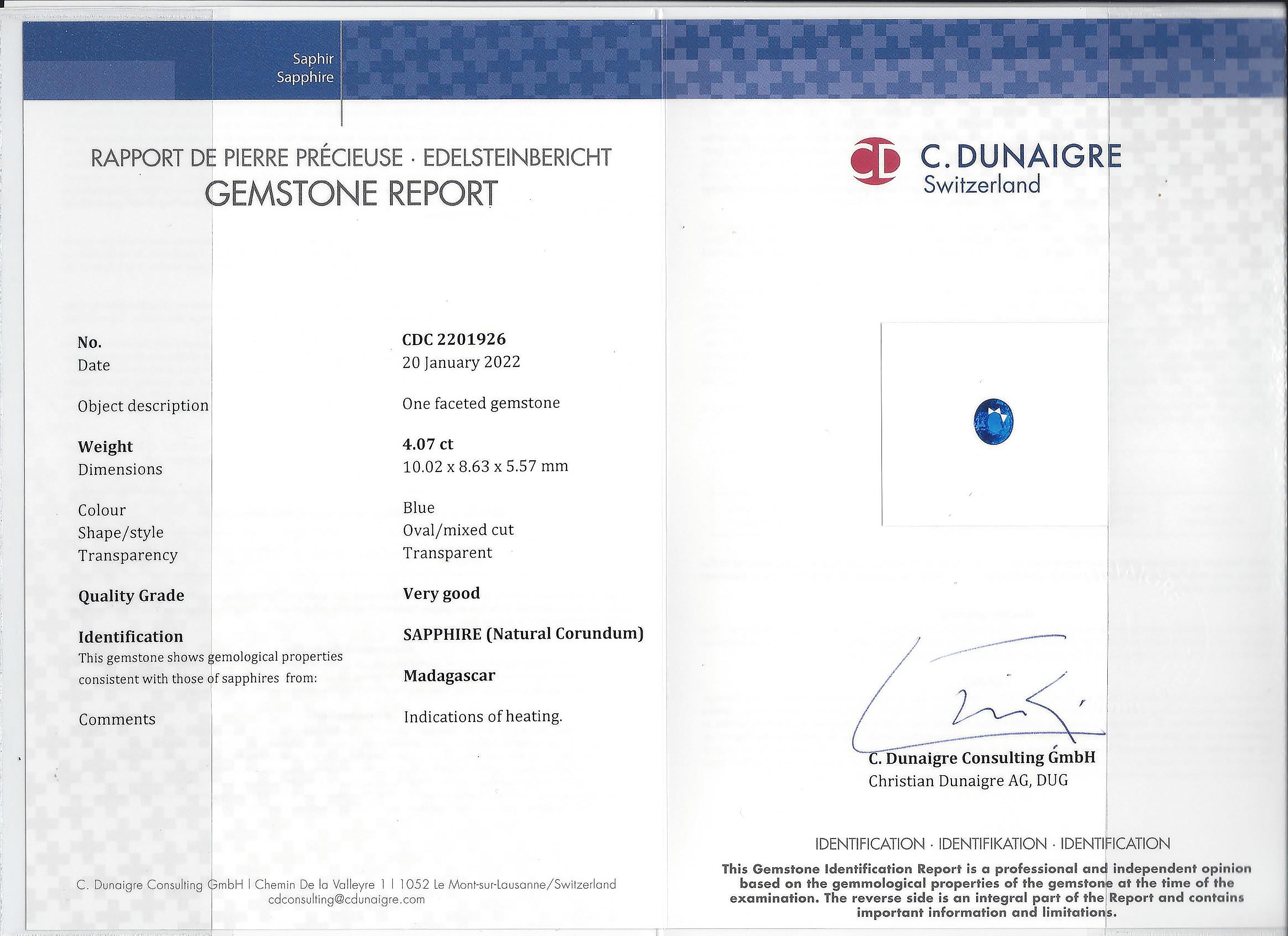 4.07 Ct. Blue Sapphire from Madagascar
