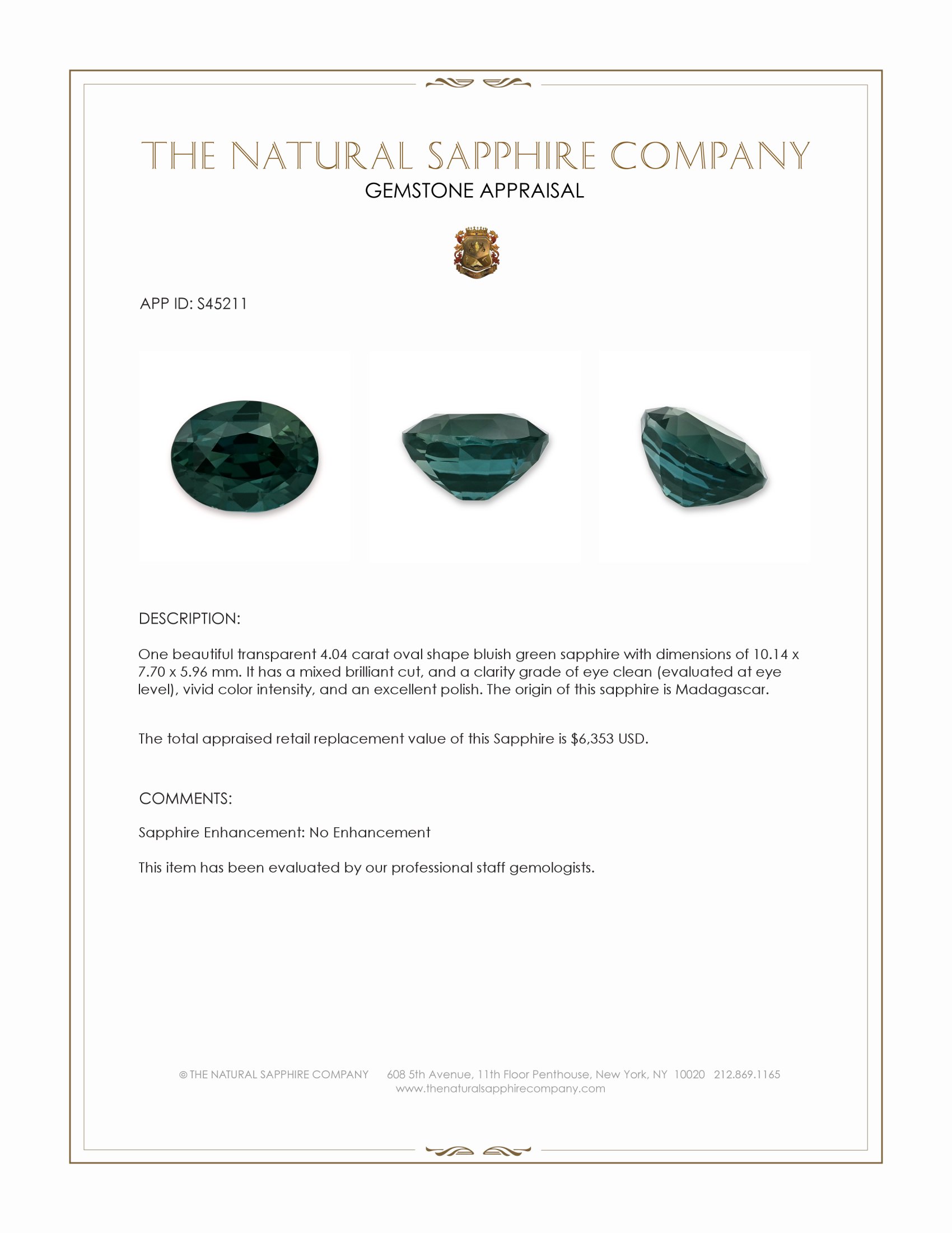 4.04 Ct. Bluish Green Sapphire from Madagascar