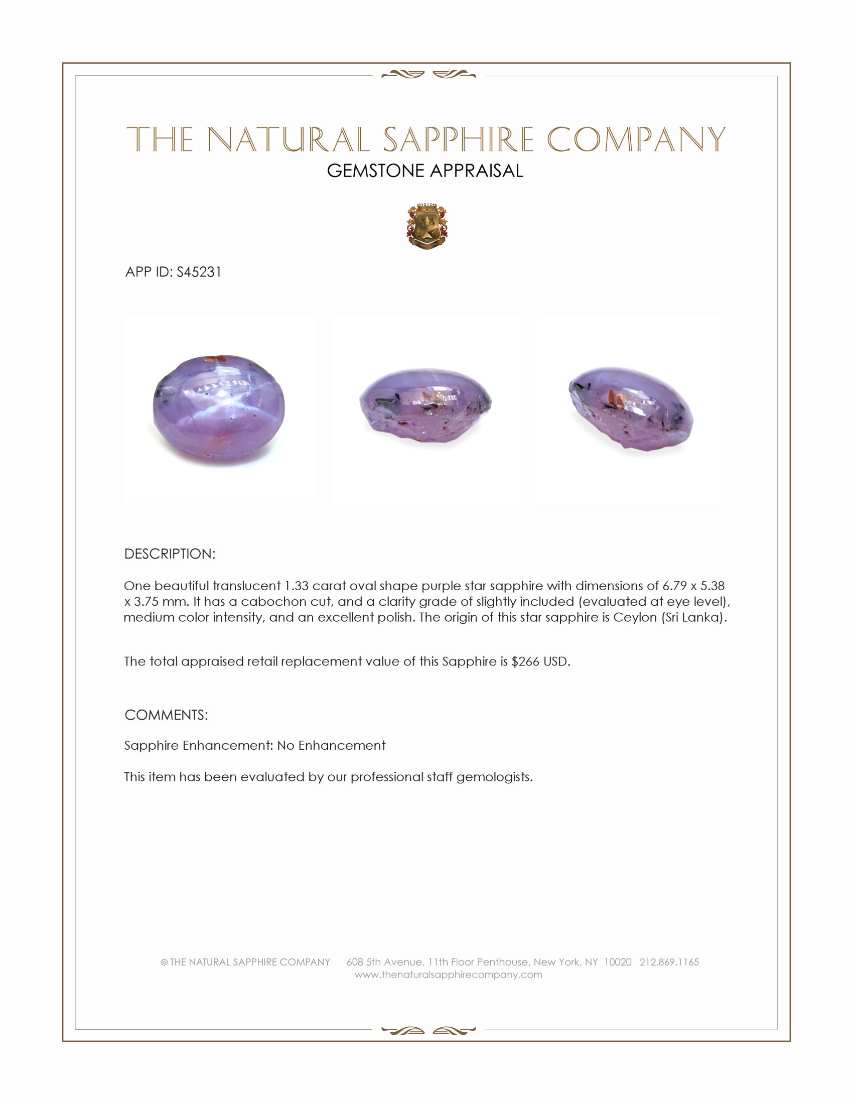 1.33 Ct. Purple Star Sapphire from Ceylon (Sri Lanka)