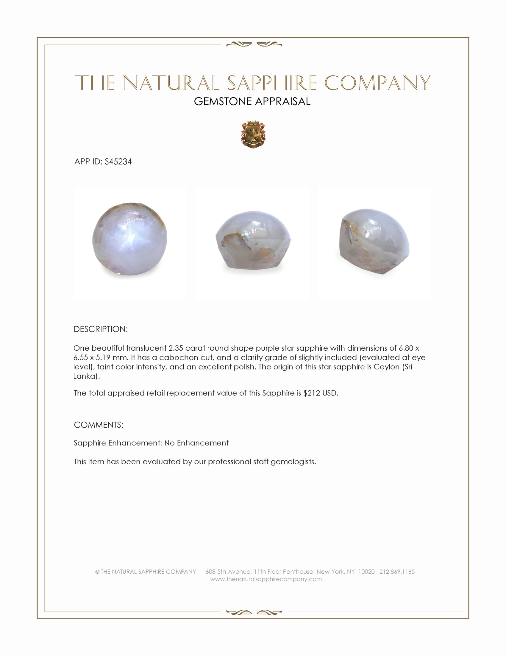2.35 Ct. Purple Star Sapphire from Ceylon (Sri Lanka)