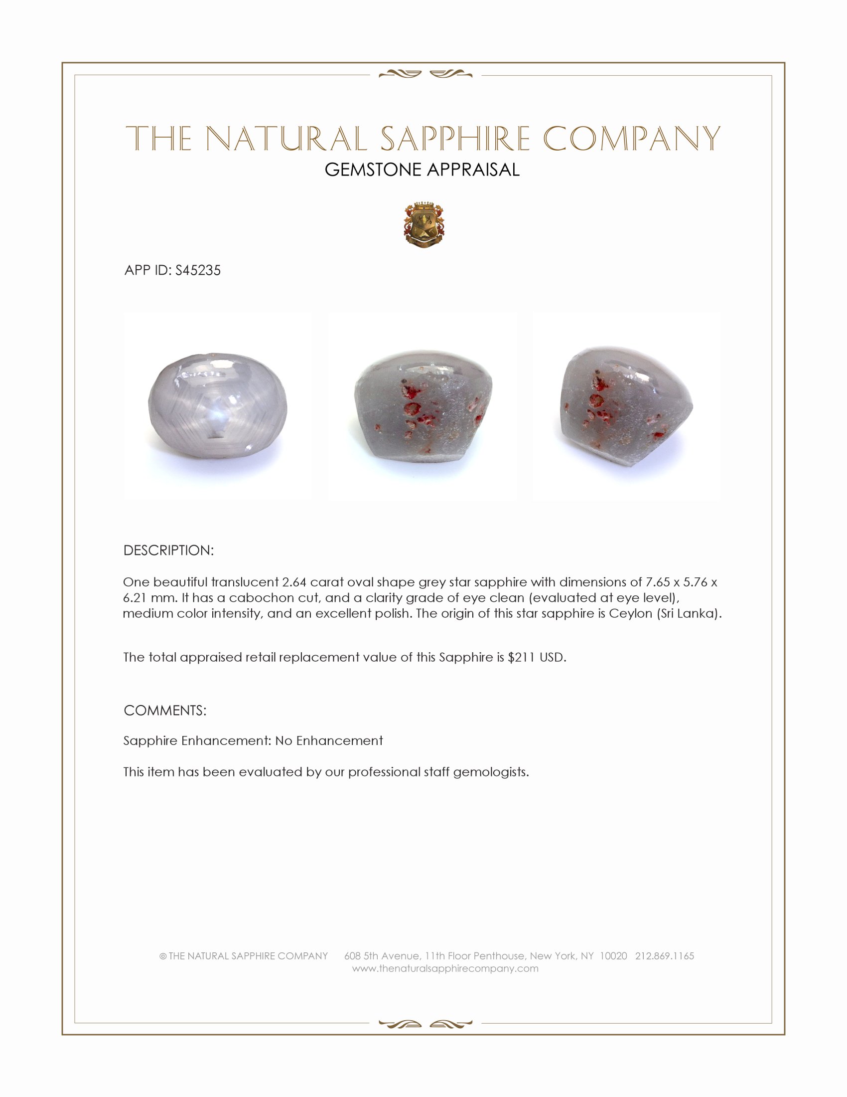 2.64 Ct. Grey Star Sapphire from Ceylon (Sri Lanka)