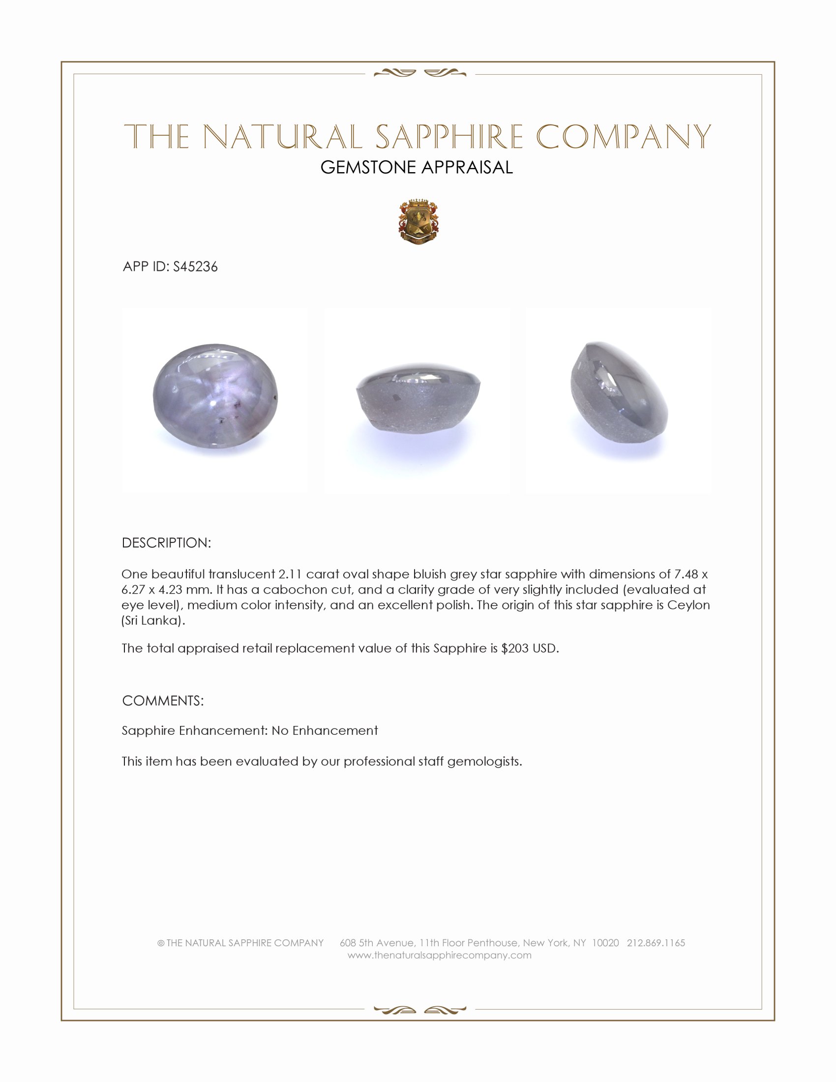 2.11 Ct. Bluish Grey Star Sapphire from Ceylon (Sri Lanka)