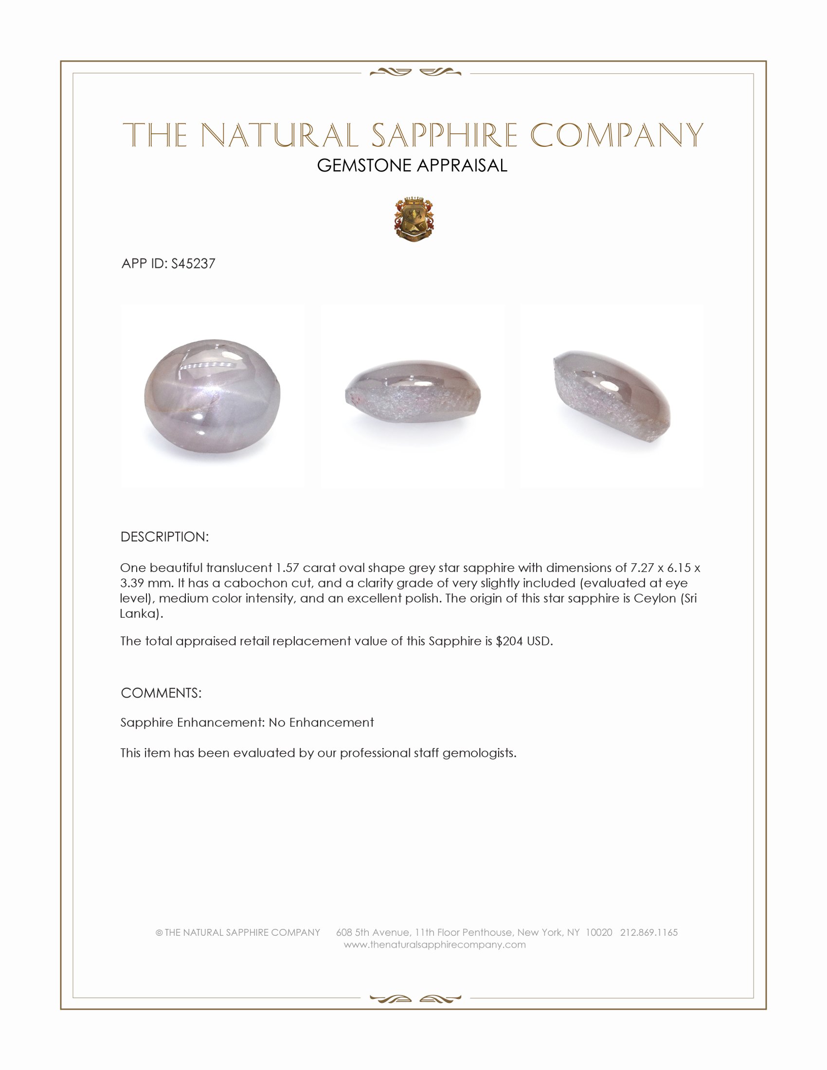 1.57 Ct. Grey Star Sapphire from Ceylon (Sri Lanka)
