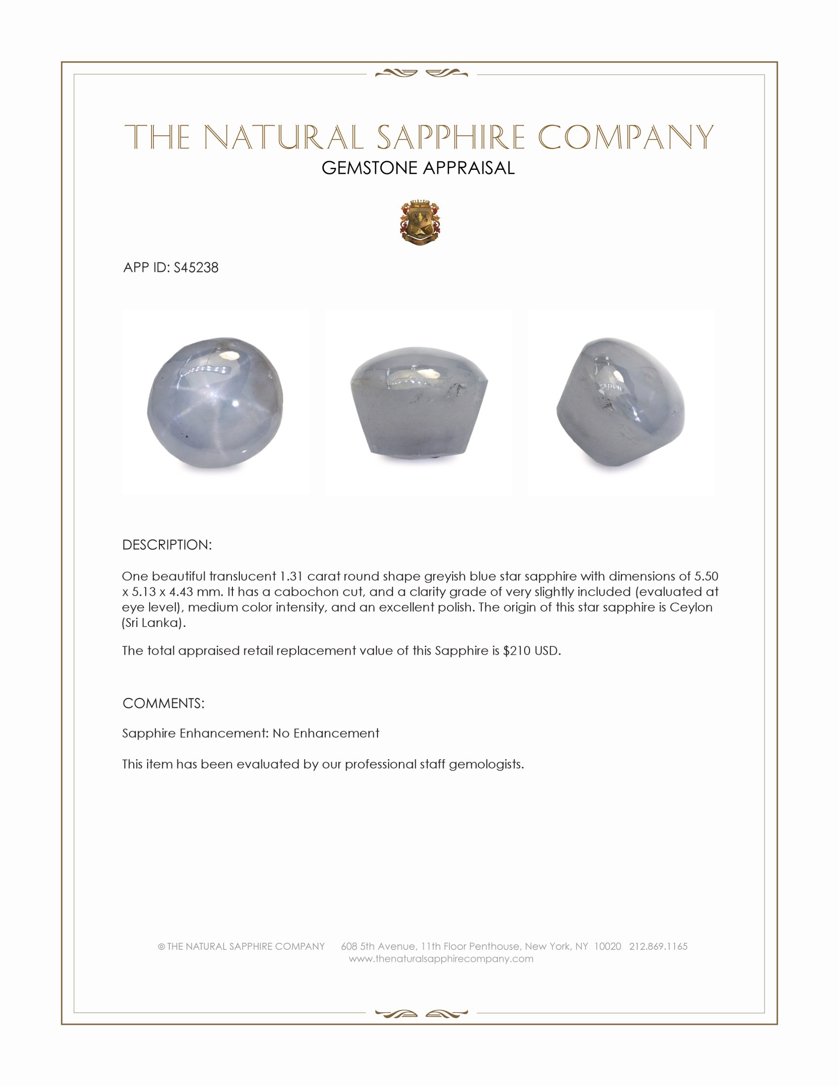 1.31 Ct. Greyish Blue Star Sapphire from Ceylon (Sri Lanka)