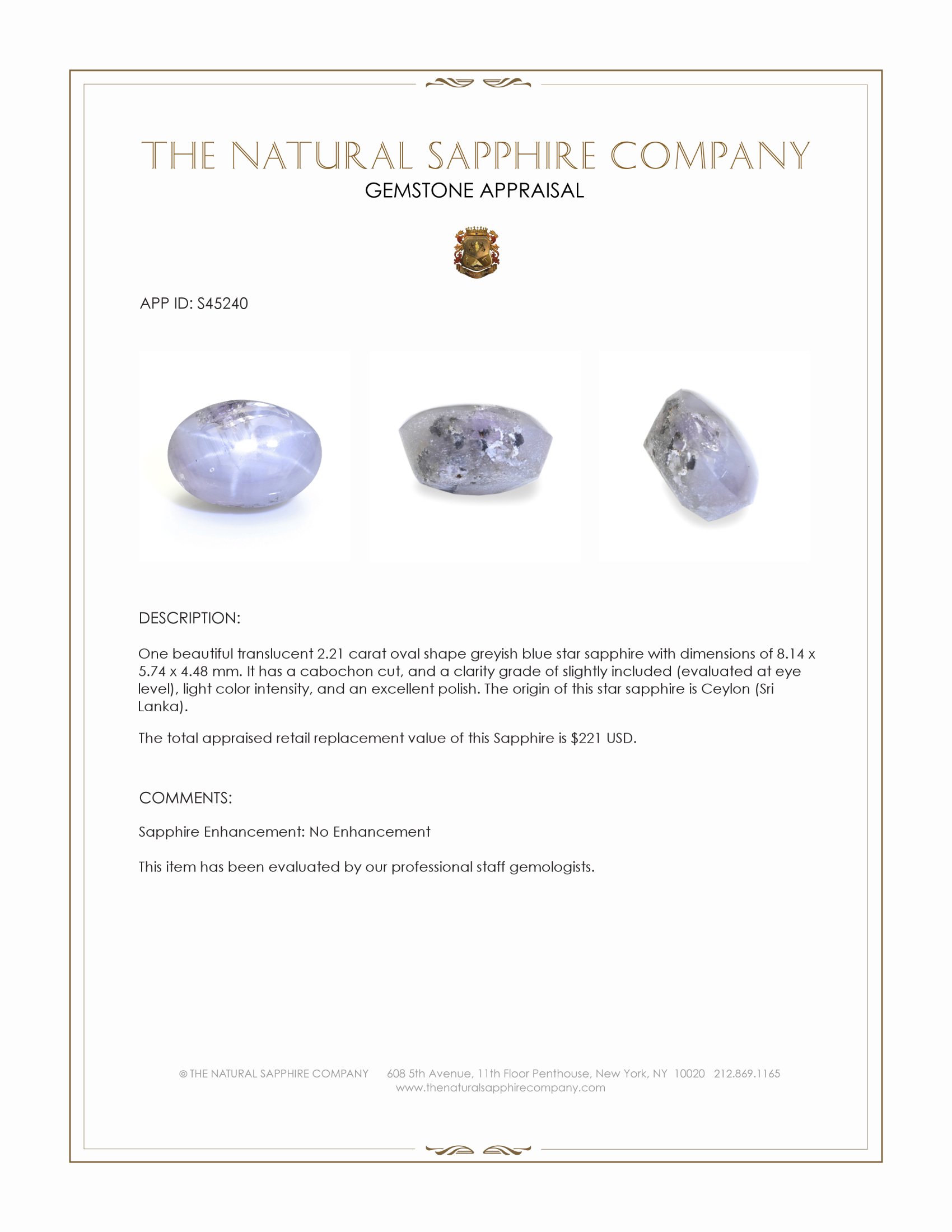 2.21 Ct. Greyish Blue Star Sapphire from Ceylon (Sri Lanka)