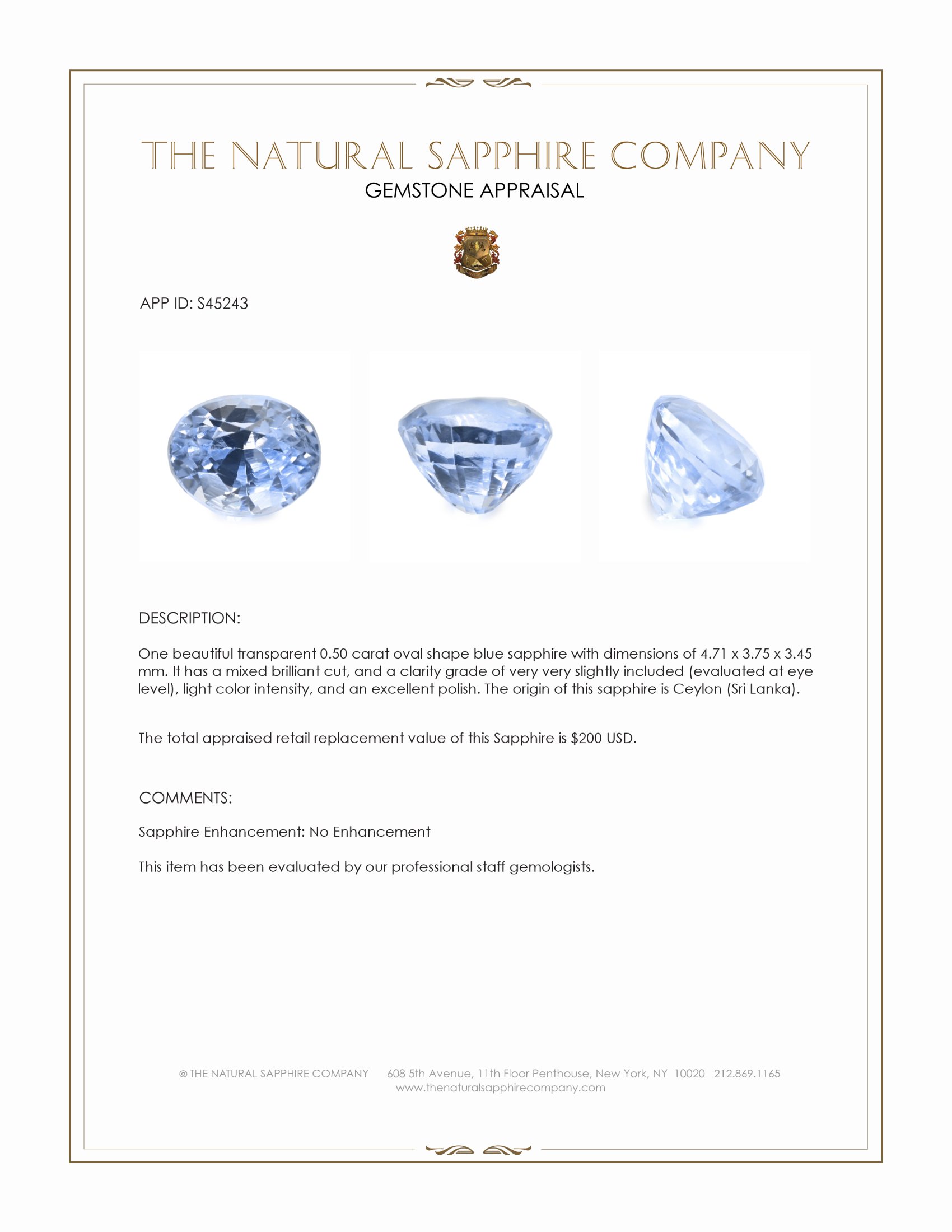 0.50 Ct. Blue Sapphire from Ceylon (Sri Lanka)