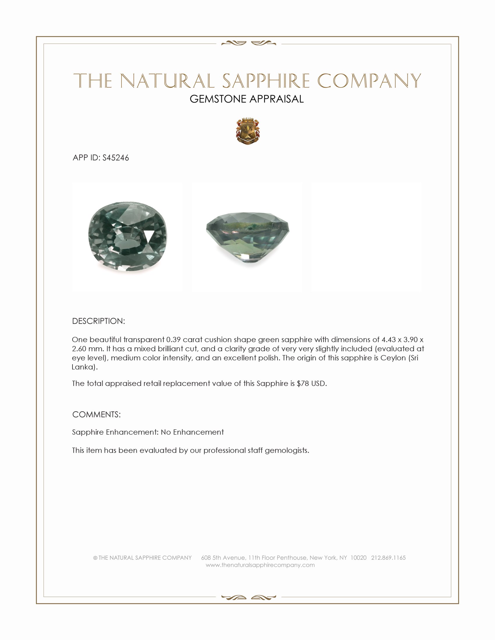 0.39 Ct. Green Sapphire from Ceylon (Sri Lanka)