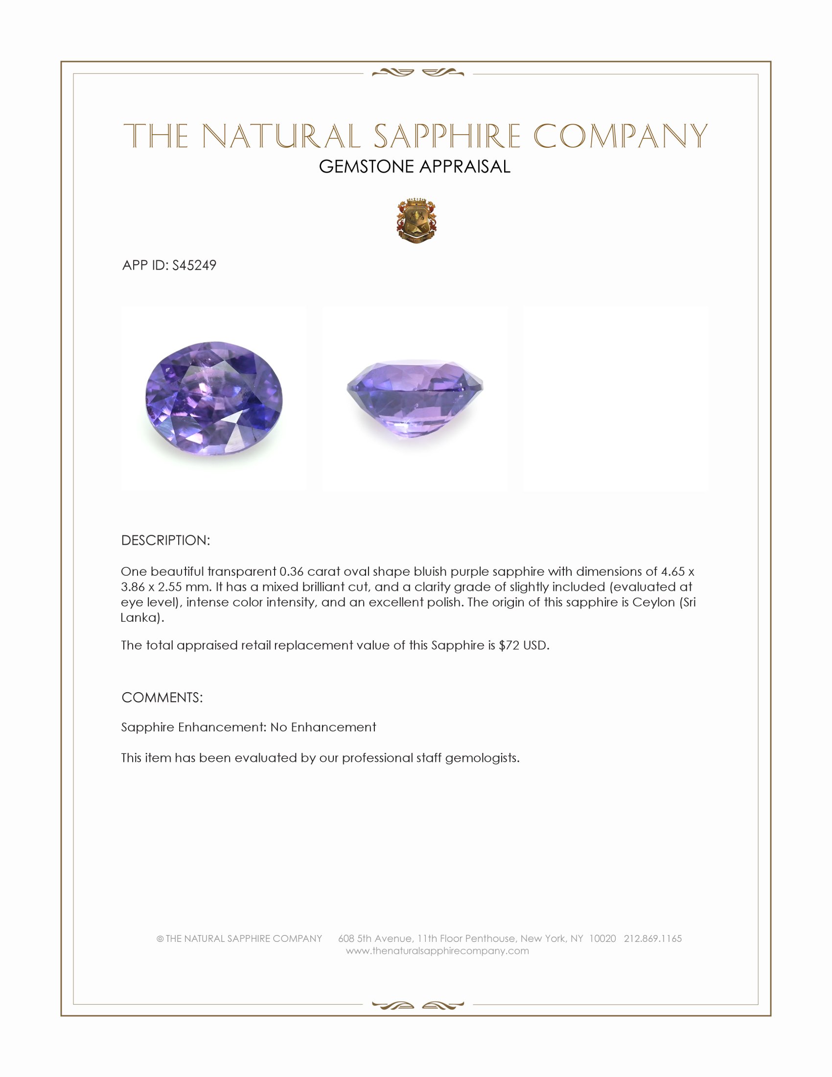 0.36 Ct. Bluish Purple Sapphire from Ceylon (Sri Lanka)