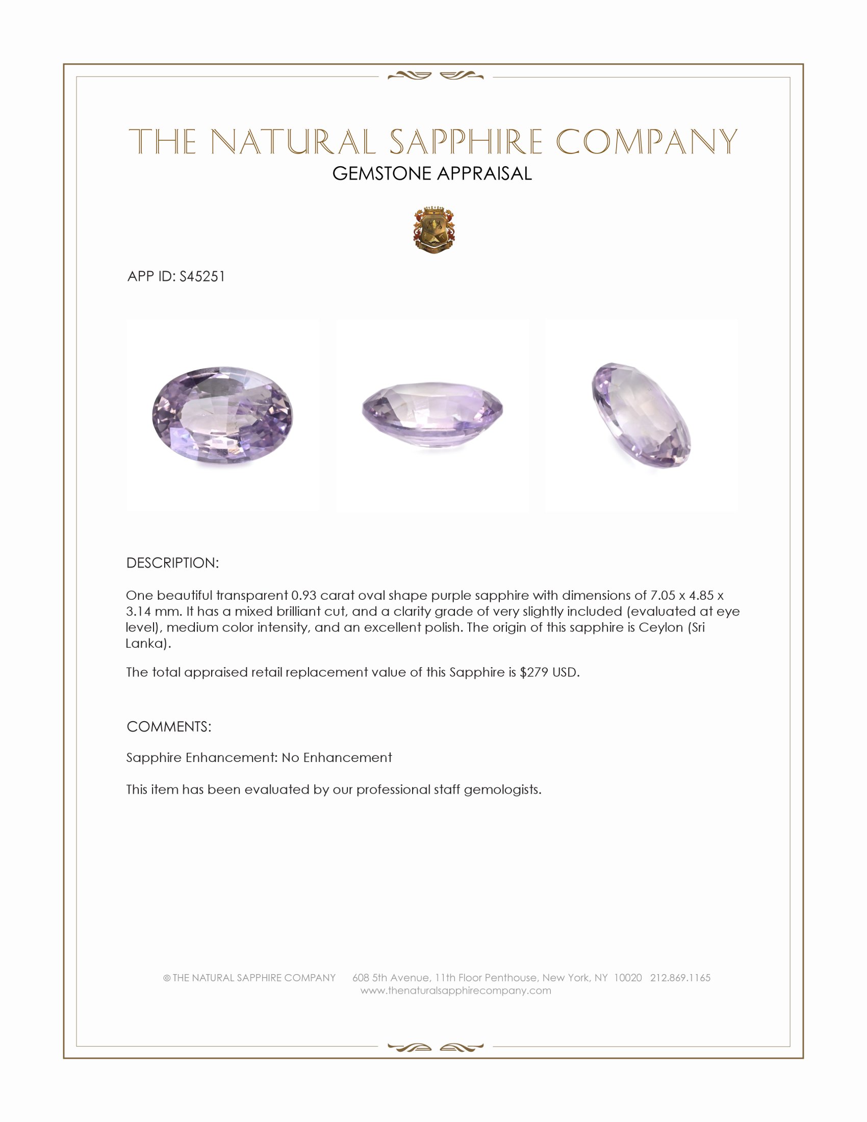 0.93 Ct. Purple Sapphire from Ceylon (Sri Lanka)