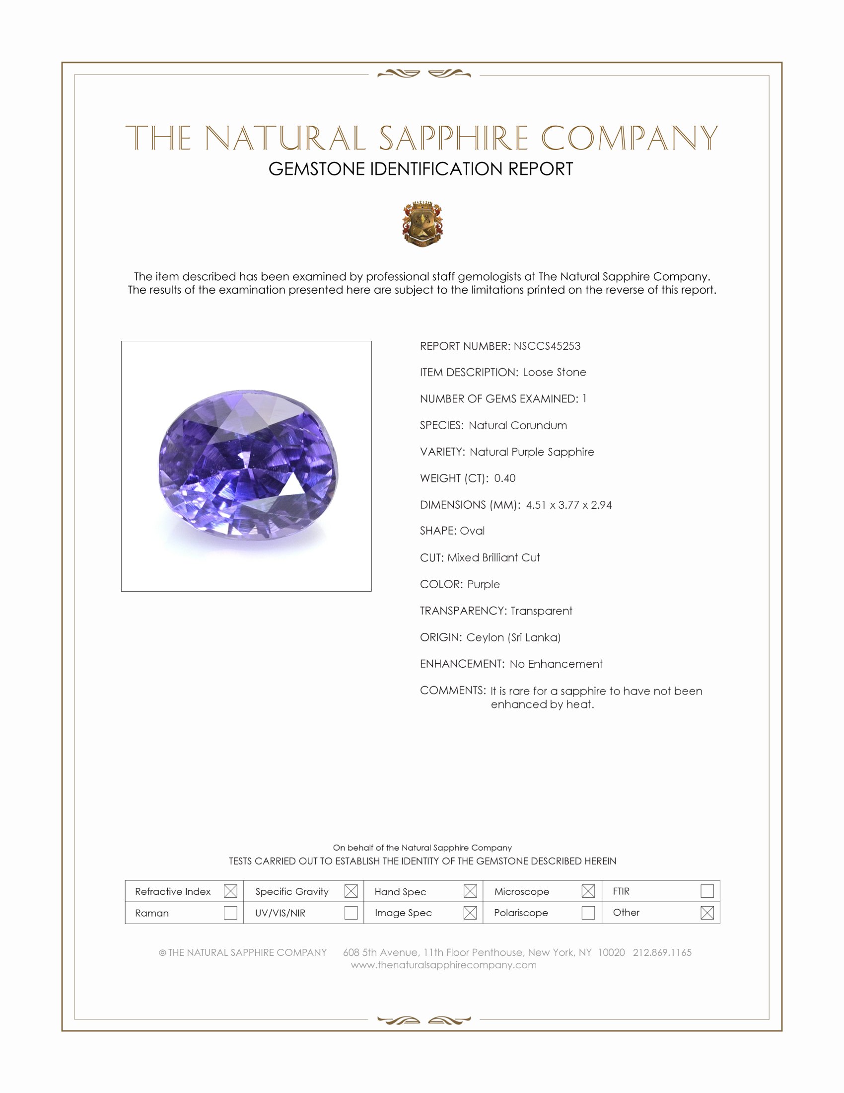 0.40 Ct. Purple Sapphire from Ceylon (Sri Lanka)