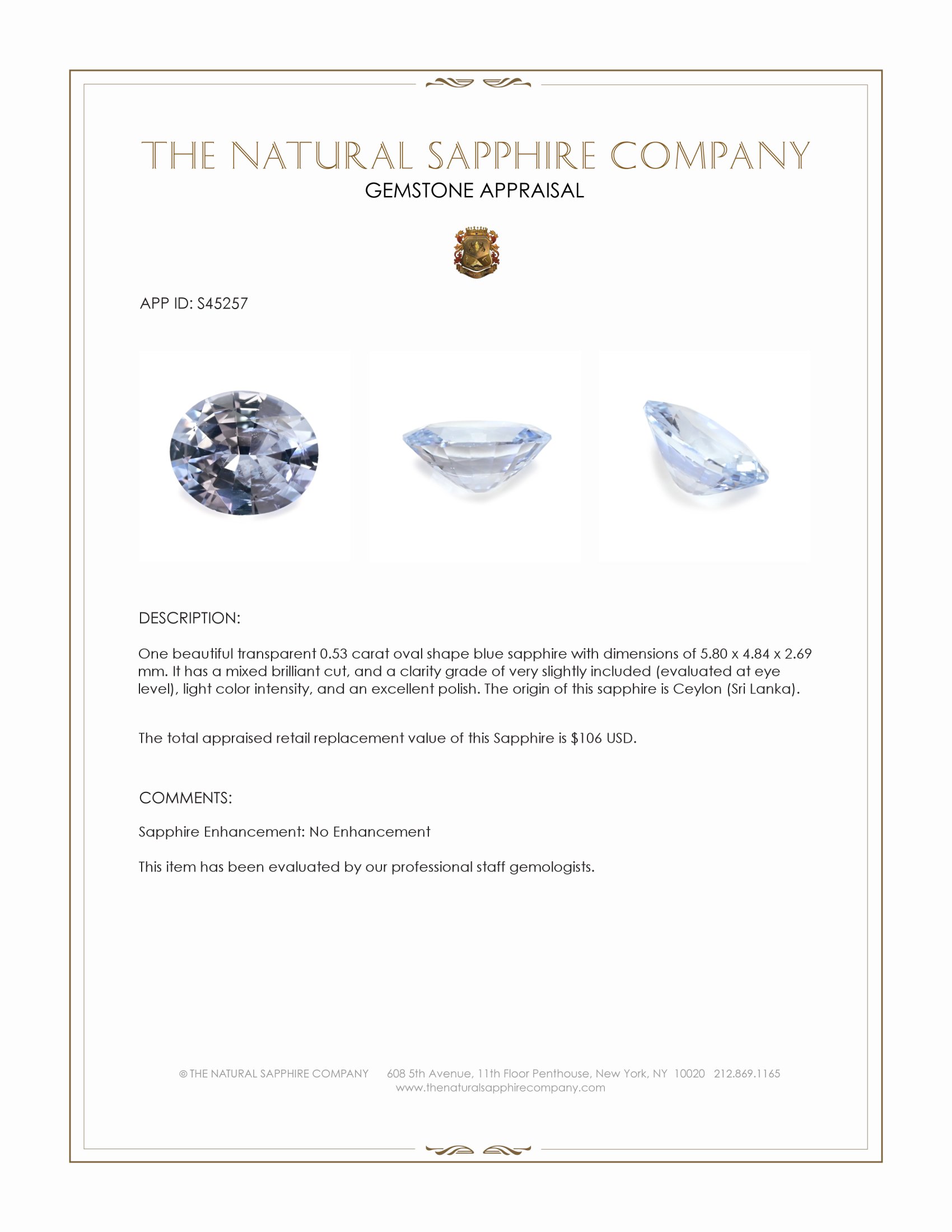 0.53 Ct. Blue Sapphire from Ceylon (Sri Lanka)