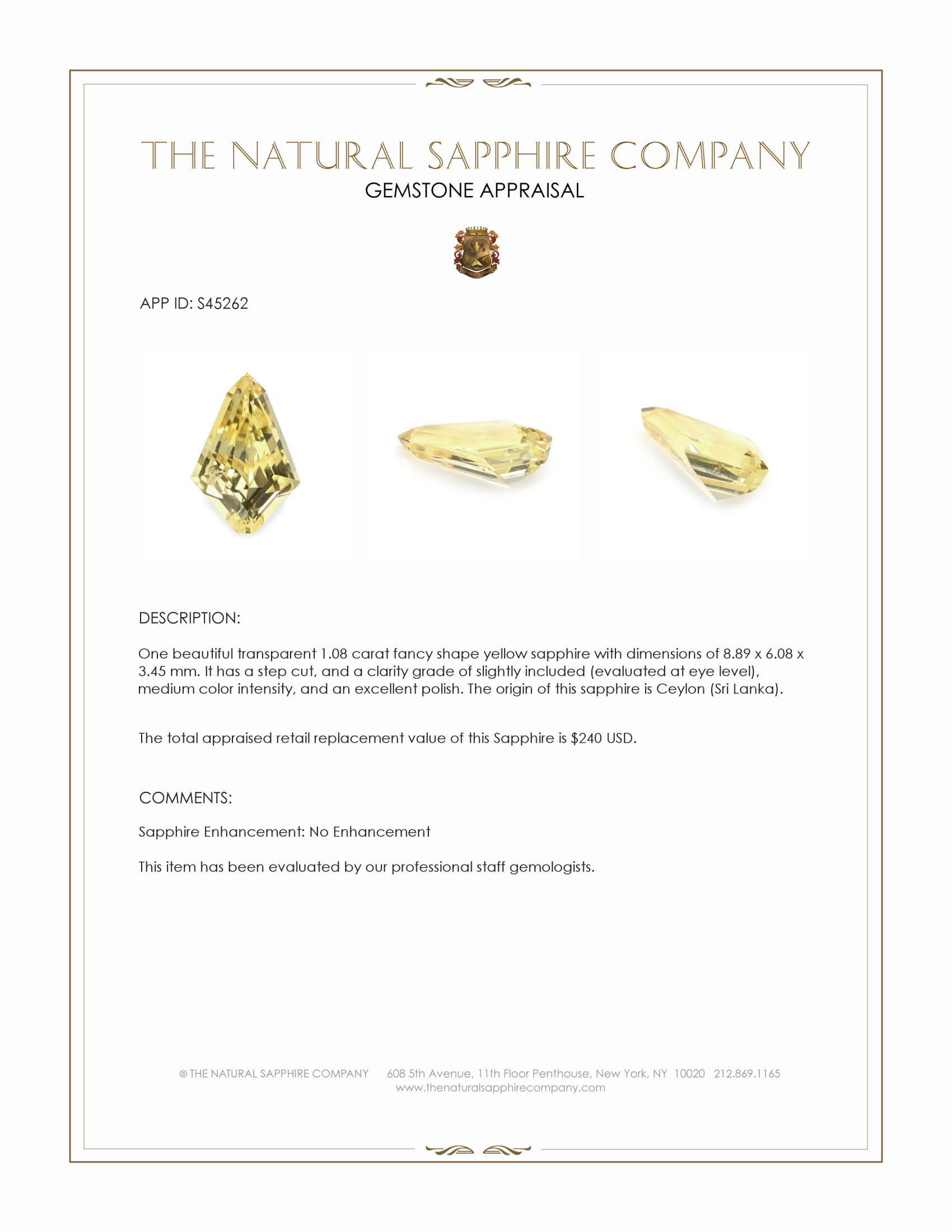 1.08 Ct. Yellow Sapphire from Ceylon (Sri Lanka)