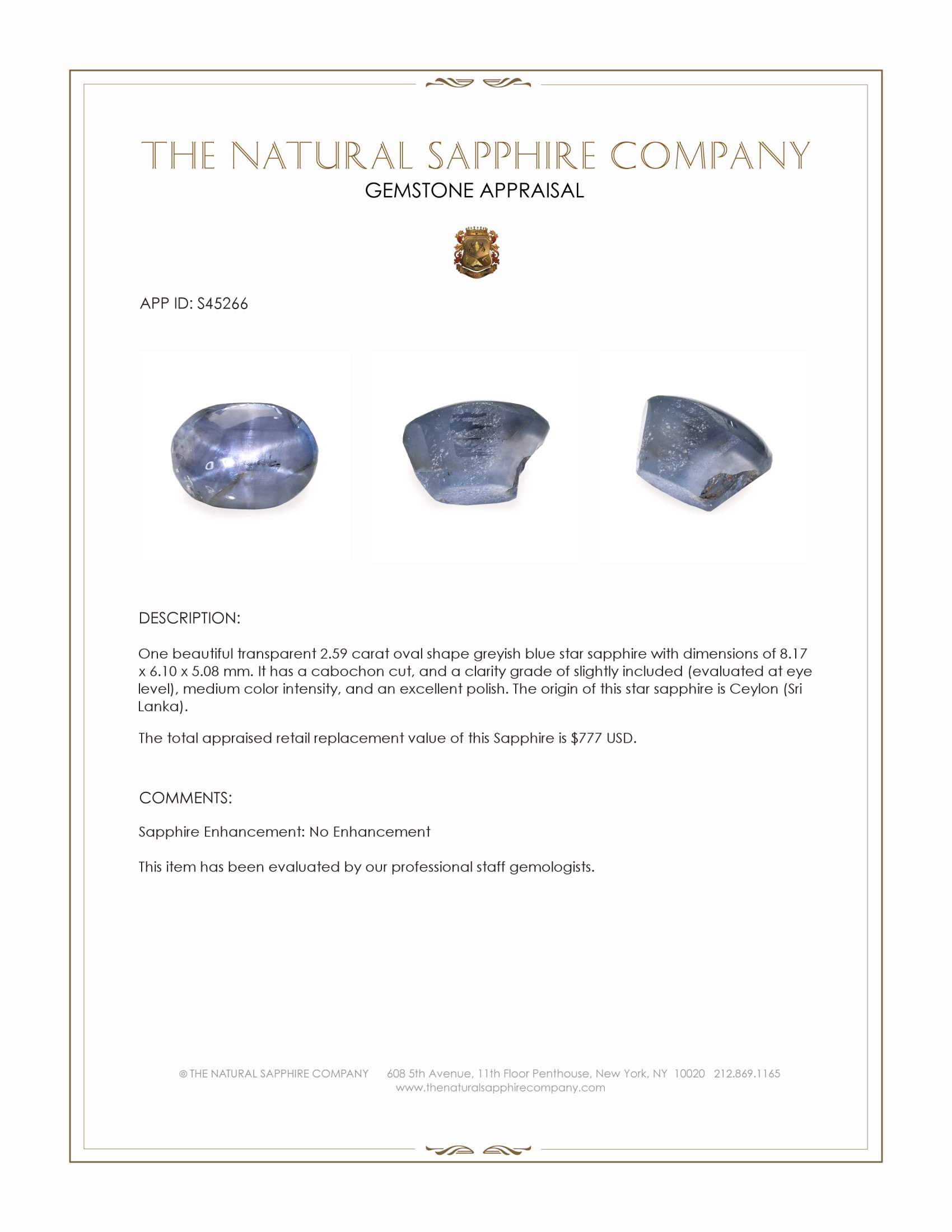 2.59 Ct. Greyish Blue Star Sapphire from Ceylon (Sri Lanka)