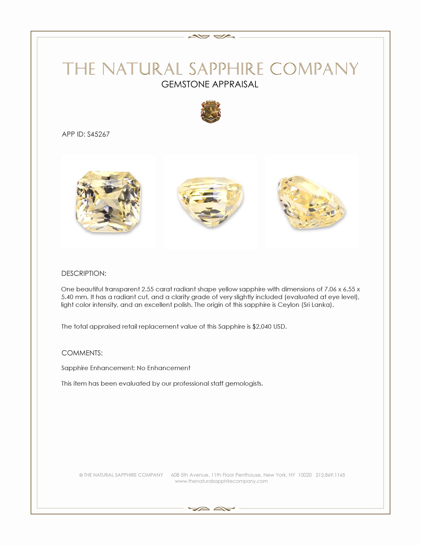2.55 Ct. Yellow Sapphire from Ceylon (Sri Lanka)