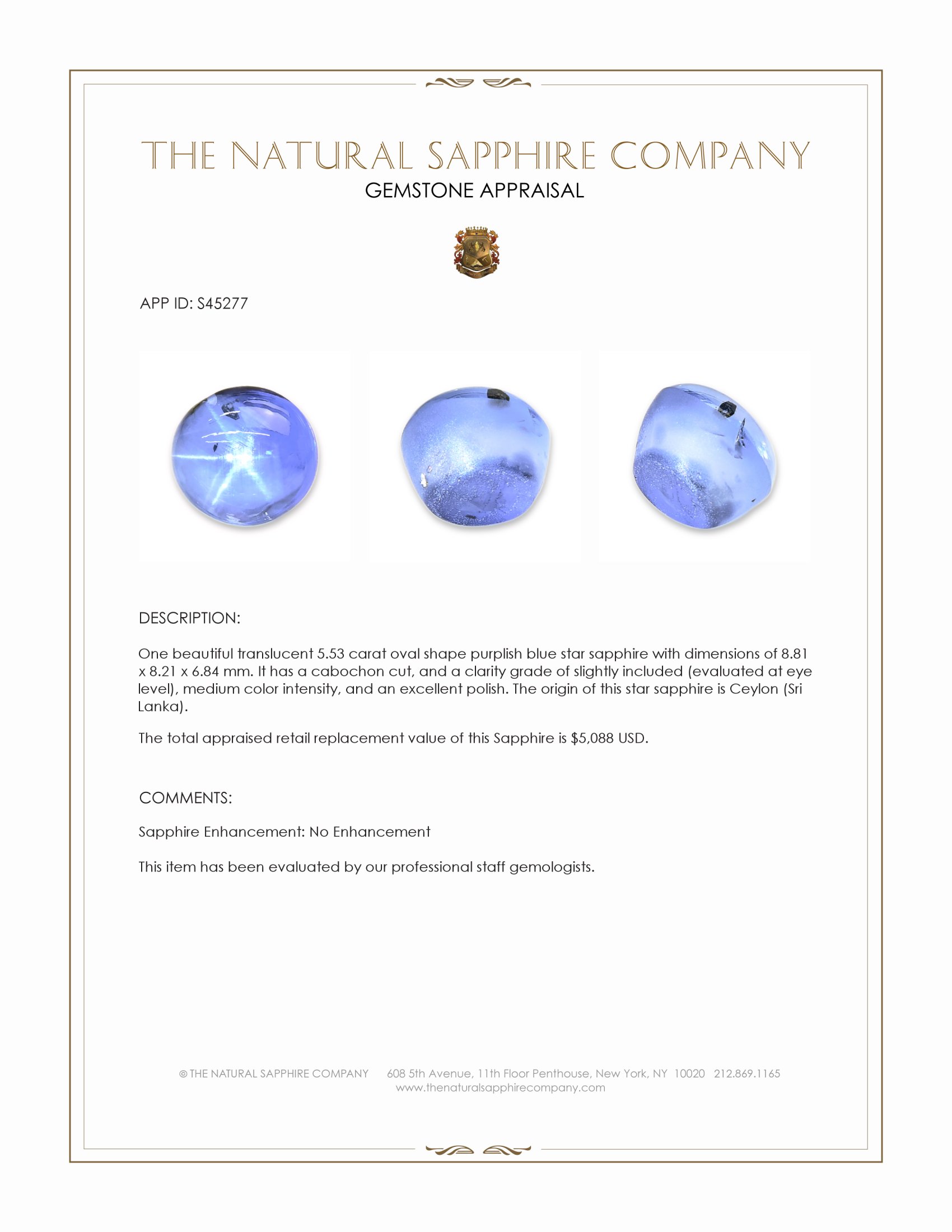 5.53 Ct. Purplish Blue Star Sapphire from Ceylon (Sri Lanka)