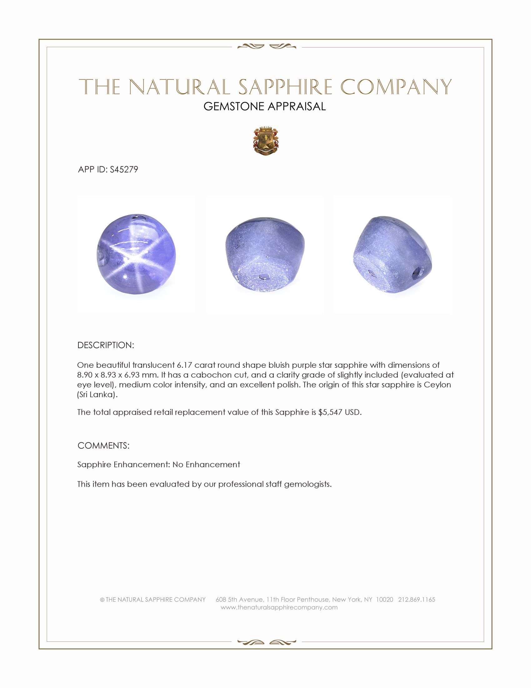 6.17 Ct. Bluish Purple Star Sapphire from Ceylon (Sri Lanka)