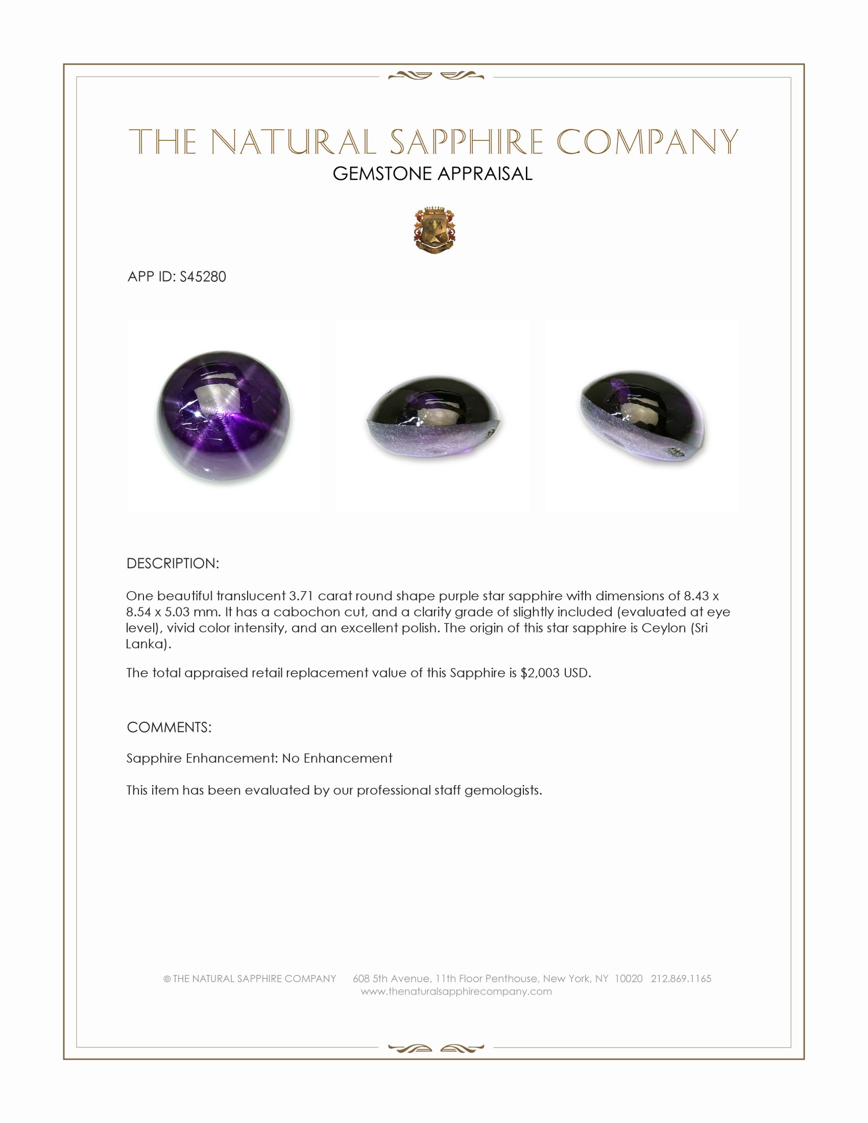 3.71 Ct. Purple Star Sapphire from Ceylon (Sri Lanka)