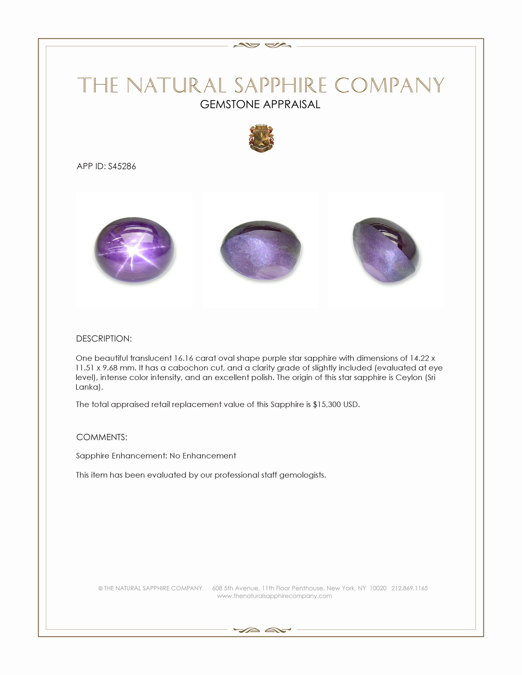 16.16 Ct. Purple Star Sapphire from Ceylon (Sri Lanka)