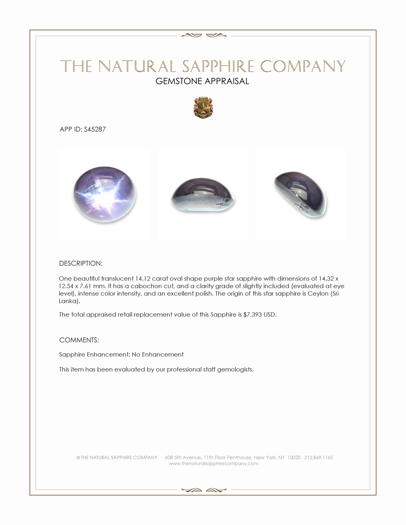 14.12 Ct. Purple Star Sapphire from Ceylon (Sri Lanka)