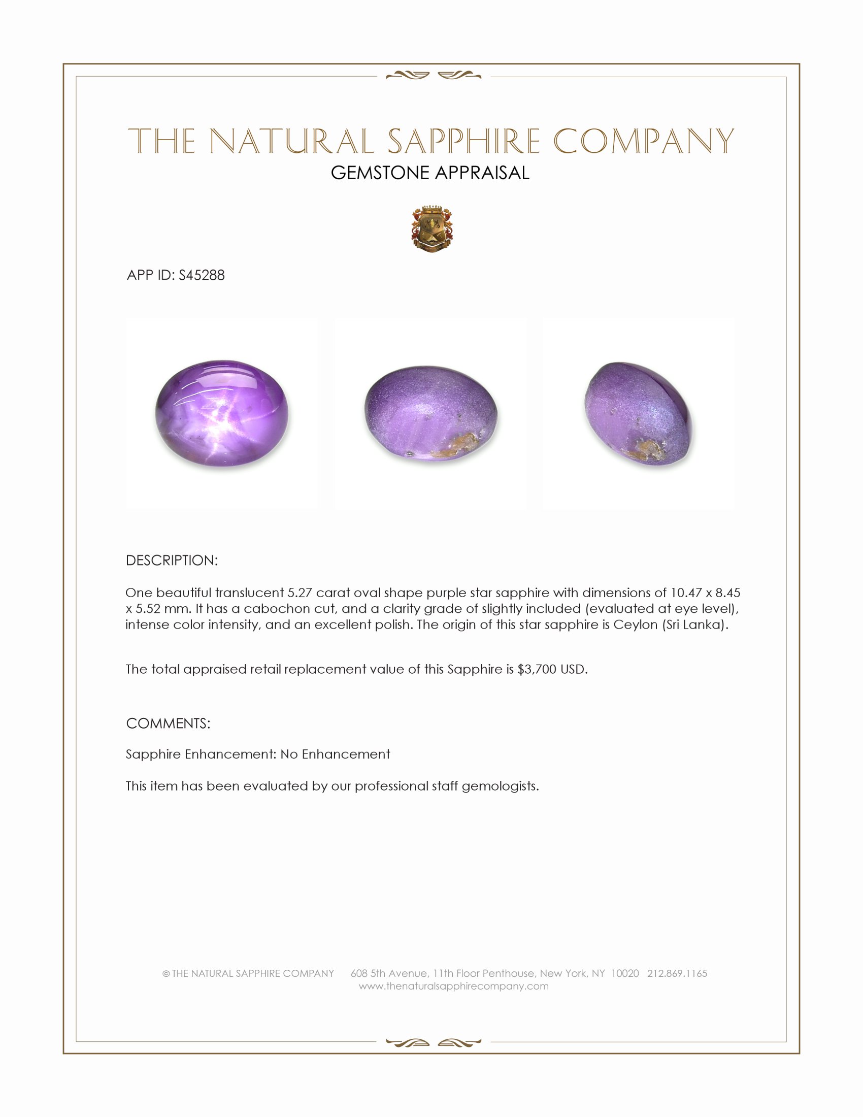 5.27 Ct. Purple Star Sapphire from Ceylon (Sri Lanka)