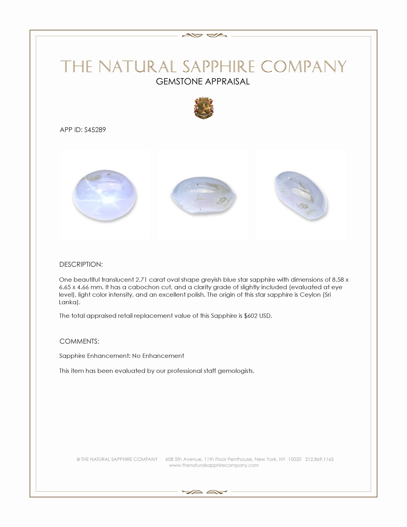 2.71 Ct. Greyish Blue Star Sapphire from Ceylon (Sri Lanka)
