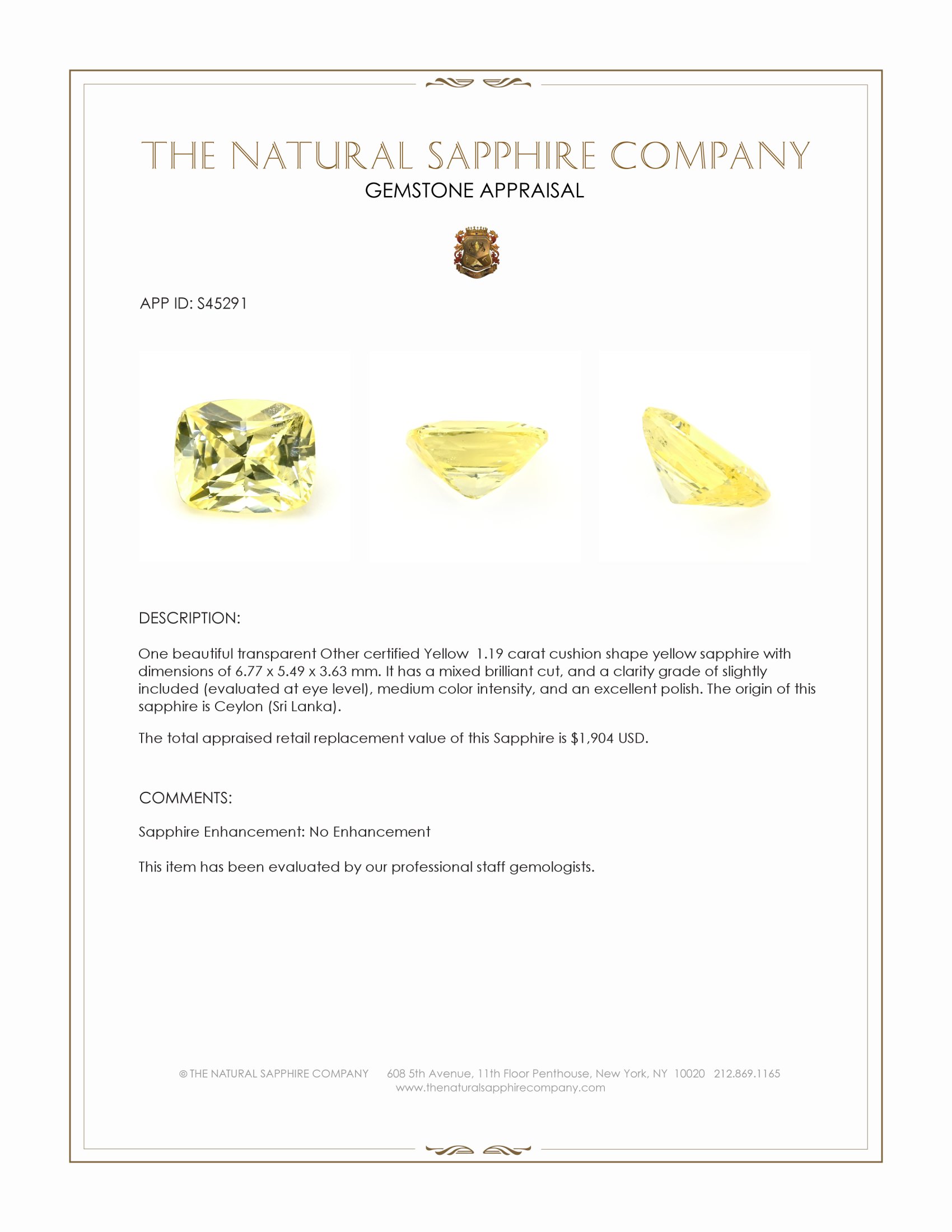 1.19 Ct. Yellow Sapphire from Ceylon (Sri Lanka)