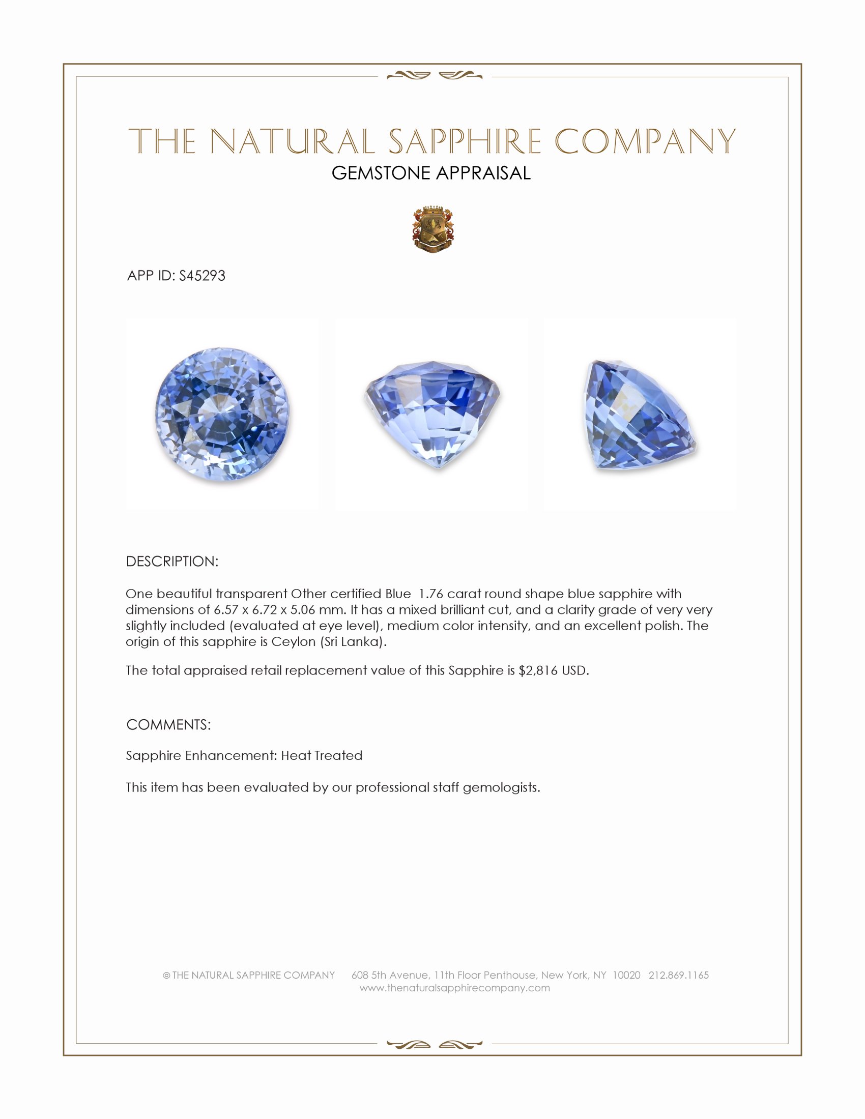 1.76 Ct. Blue Sapphire from Ceylon (Sri Lanka)