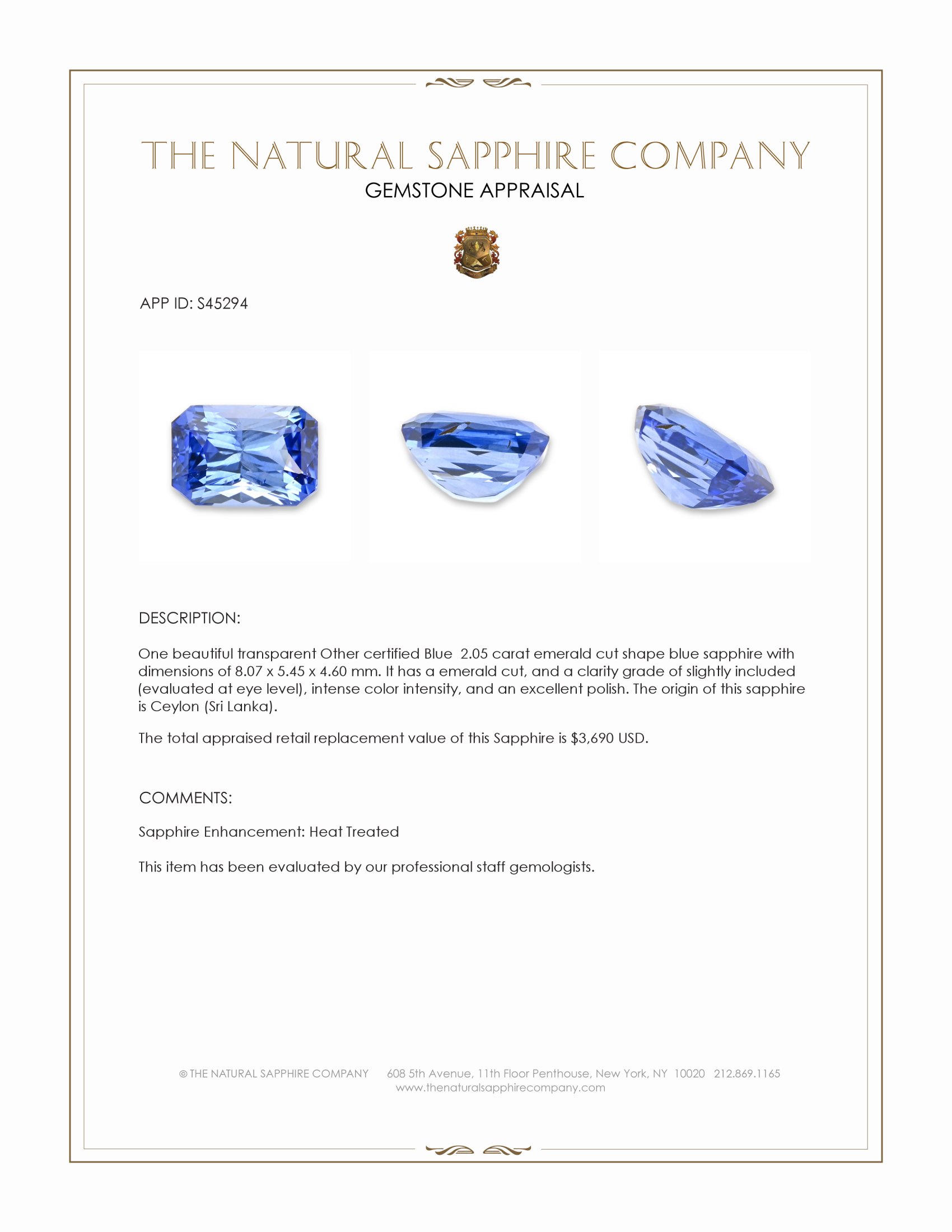 2.05 Ct. Blue Sapphire from Ceylon (Sri Lanka)