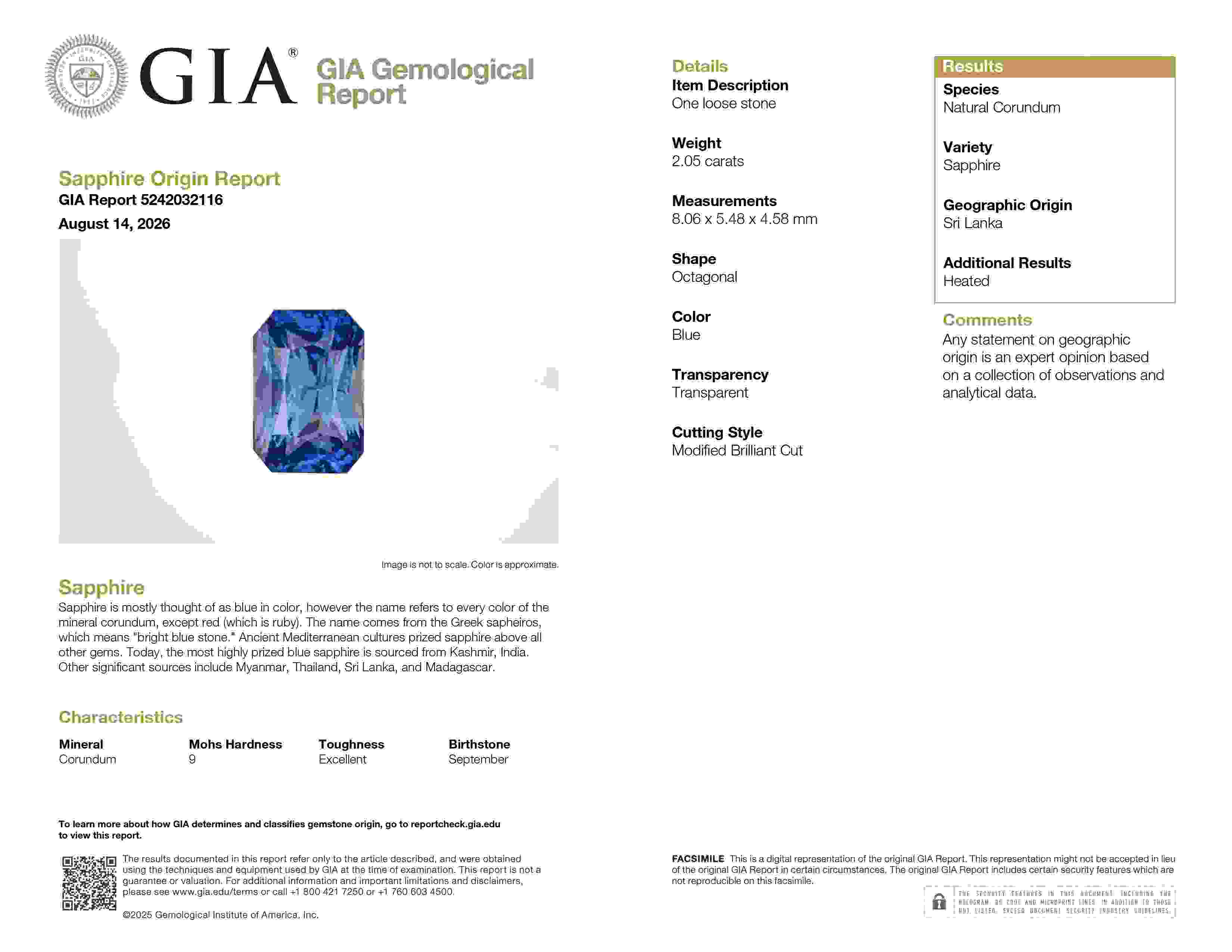 2.05 Ct. Blue Sapphire from Ceylon (Sri Lanka)