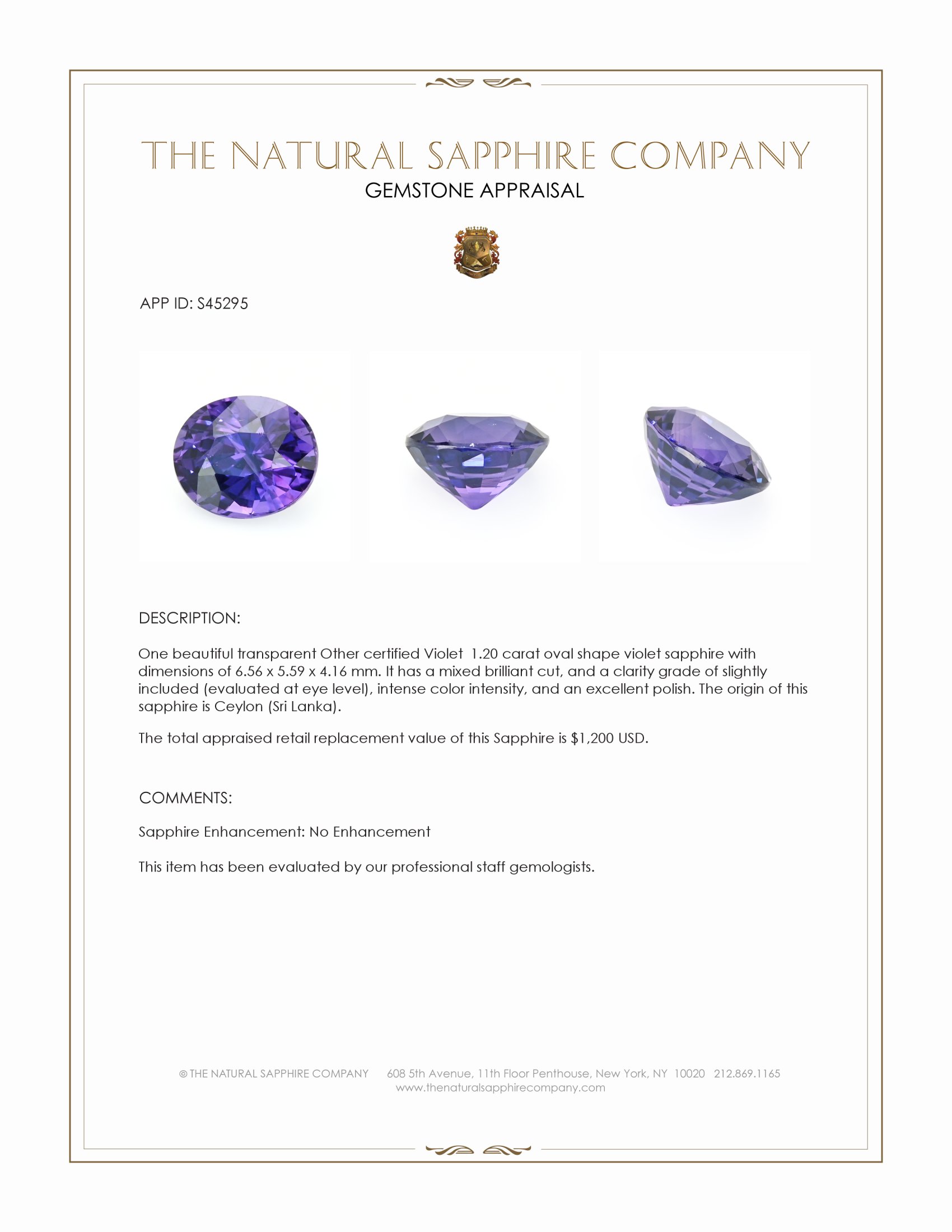 1.20 Ct. Violet Sapphire from Ceylon (Sri Lanka)