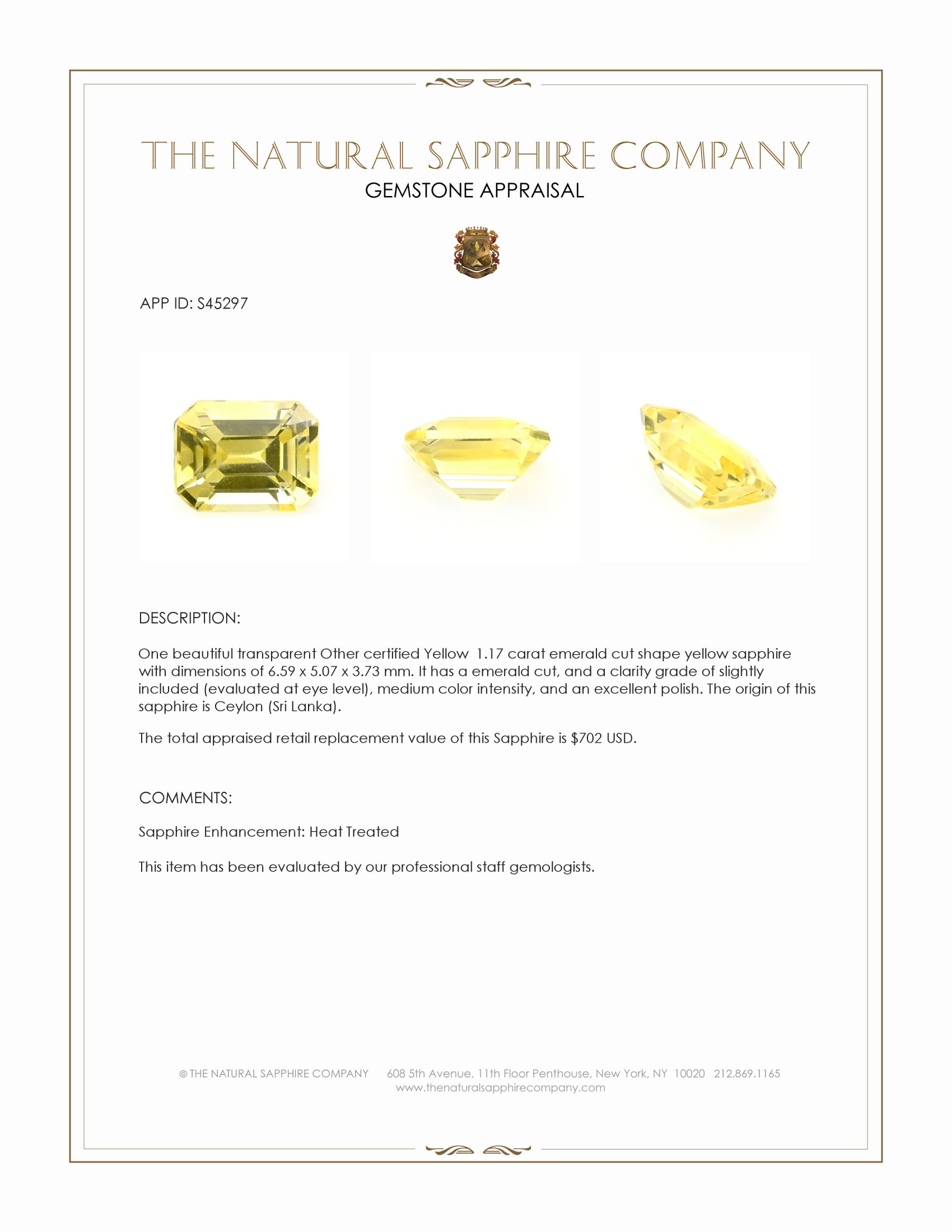 1.17 Ct. Yellow Sapphire from Ceylon (Sri Lanka)