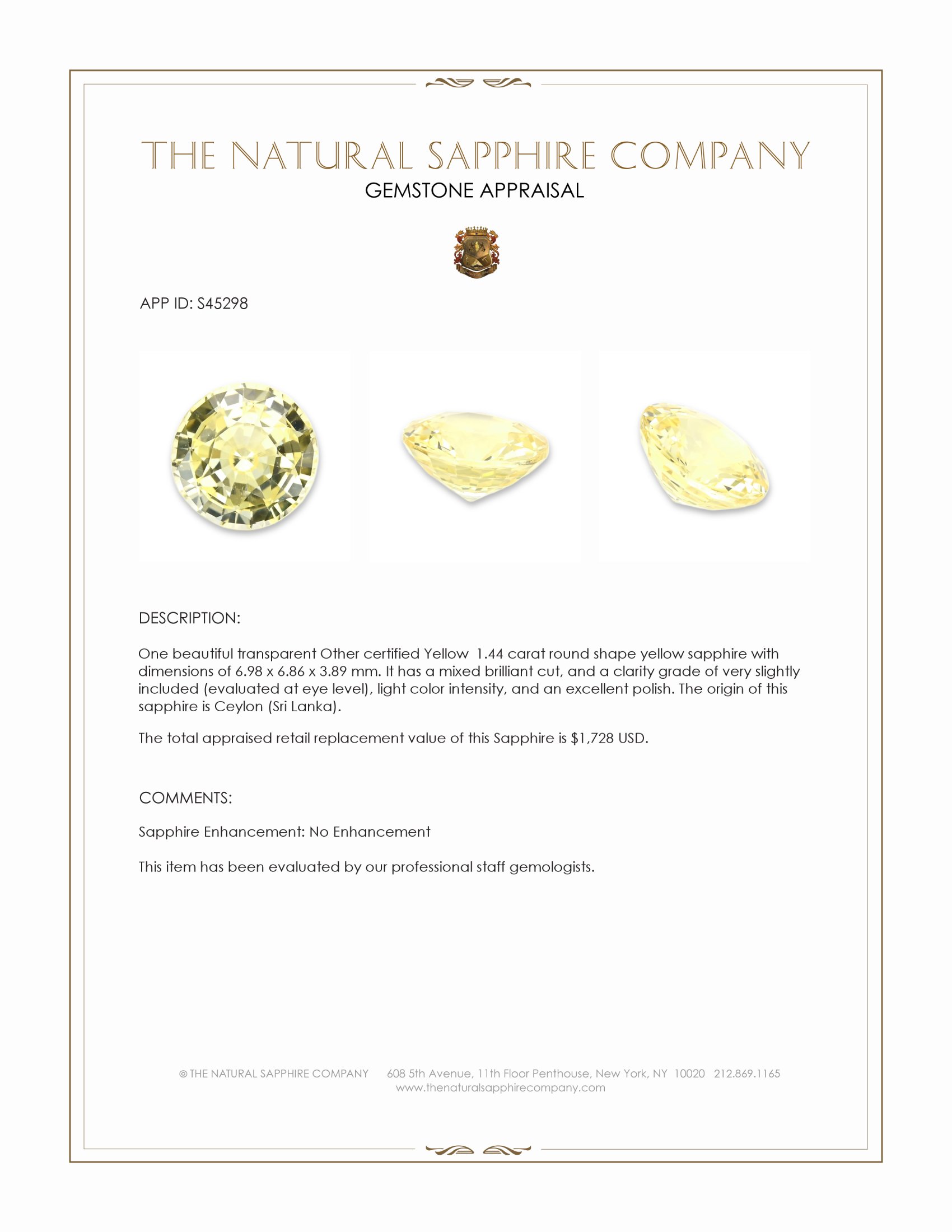 1.44 Ct. Yellow Sapphire from Ceylon (Sri Lanka)