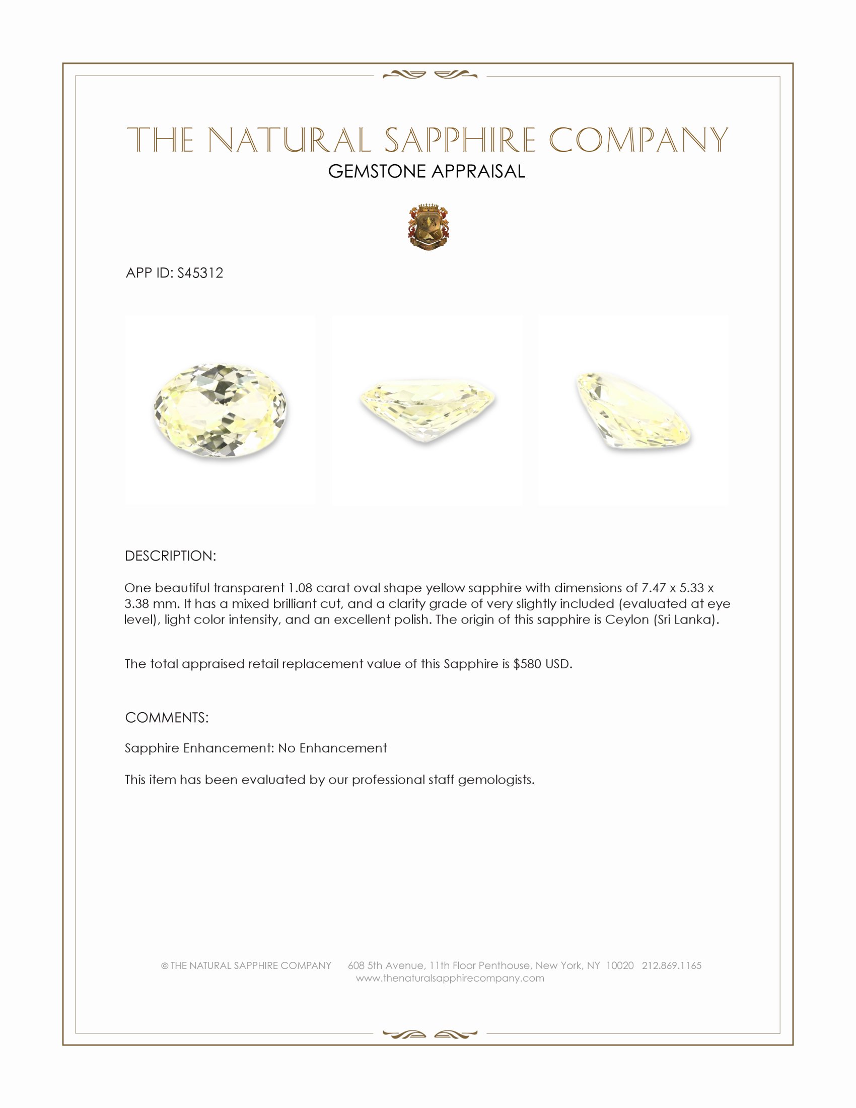1.08 Ct. Yellow Sapphire from Ceylon (Sri Lanka)