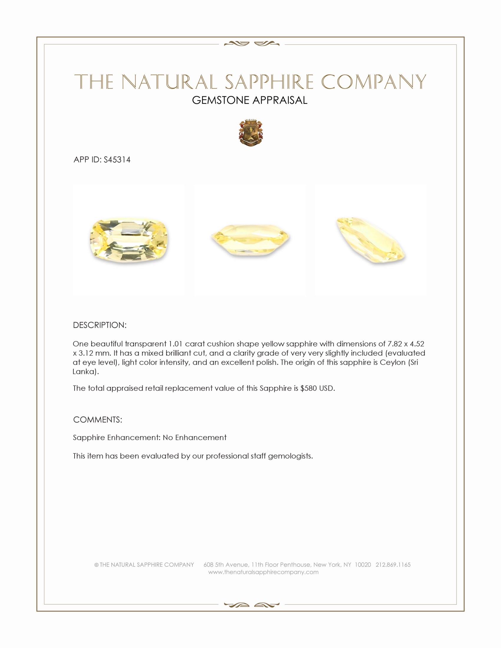 1.01 Ct. Yellow Sapphire from Ceylon (Sri Lanka)