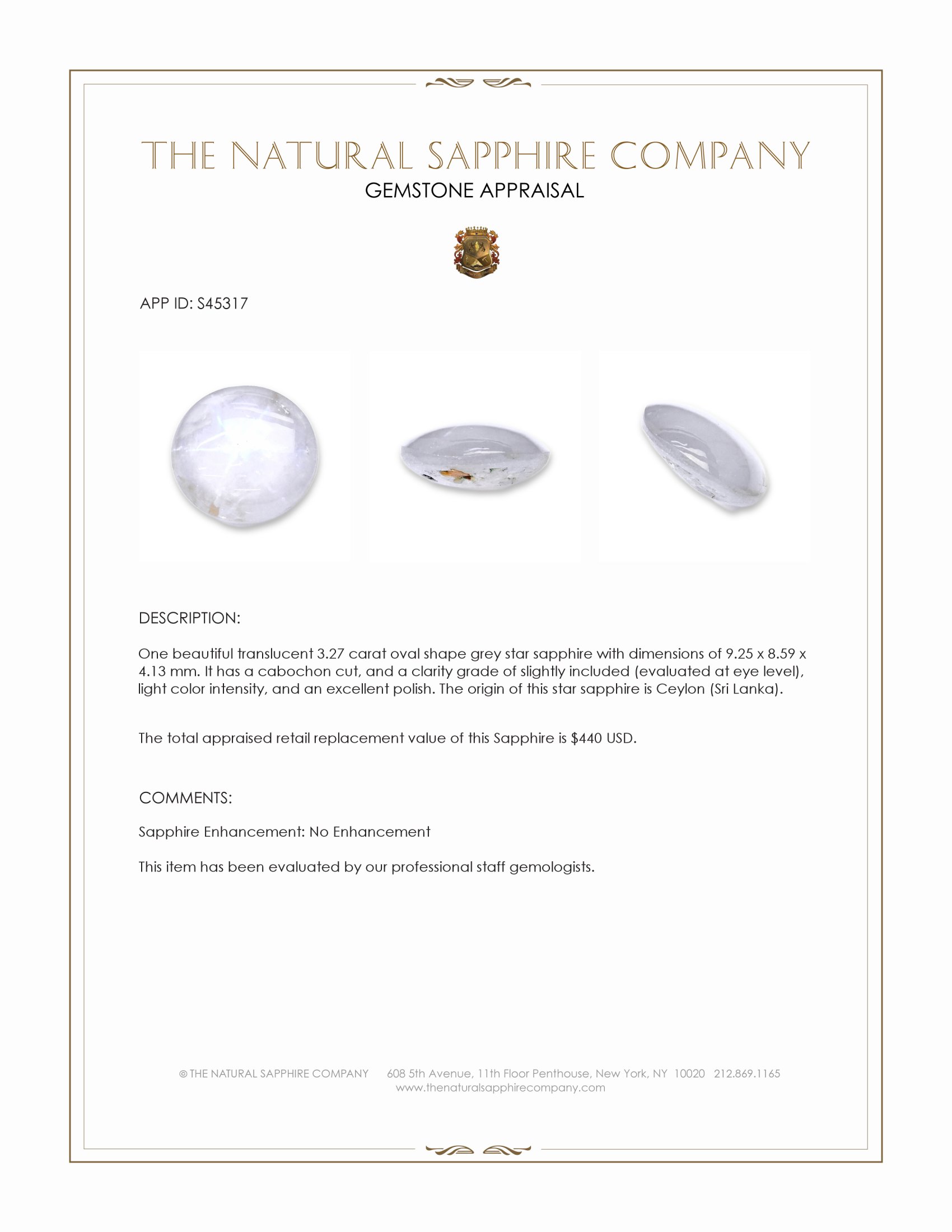 3.27 Ct. Grey Star Sapphire from Ceylon (Sri Lanka)