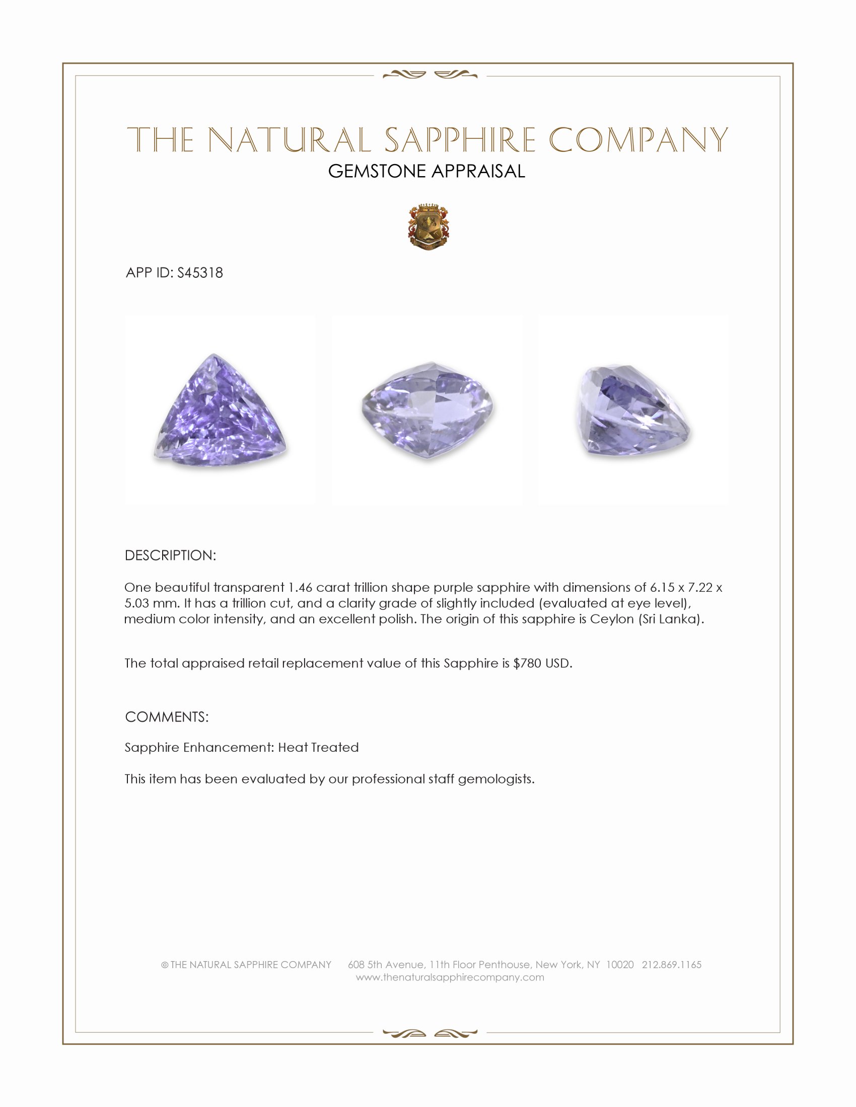 1.46 Ct. Purple Sapphire from Ceylon (Sri Lanka)