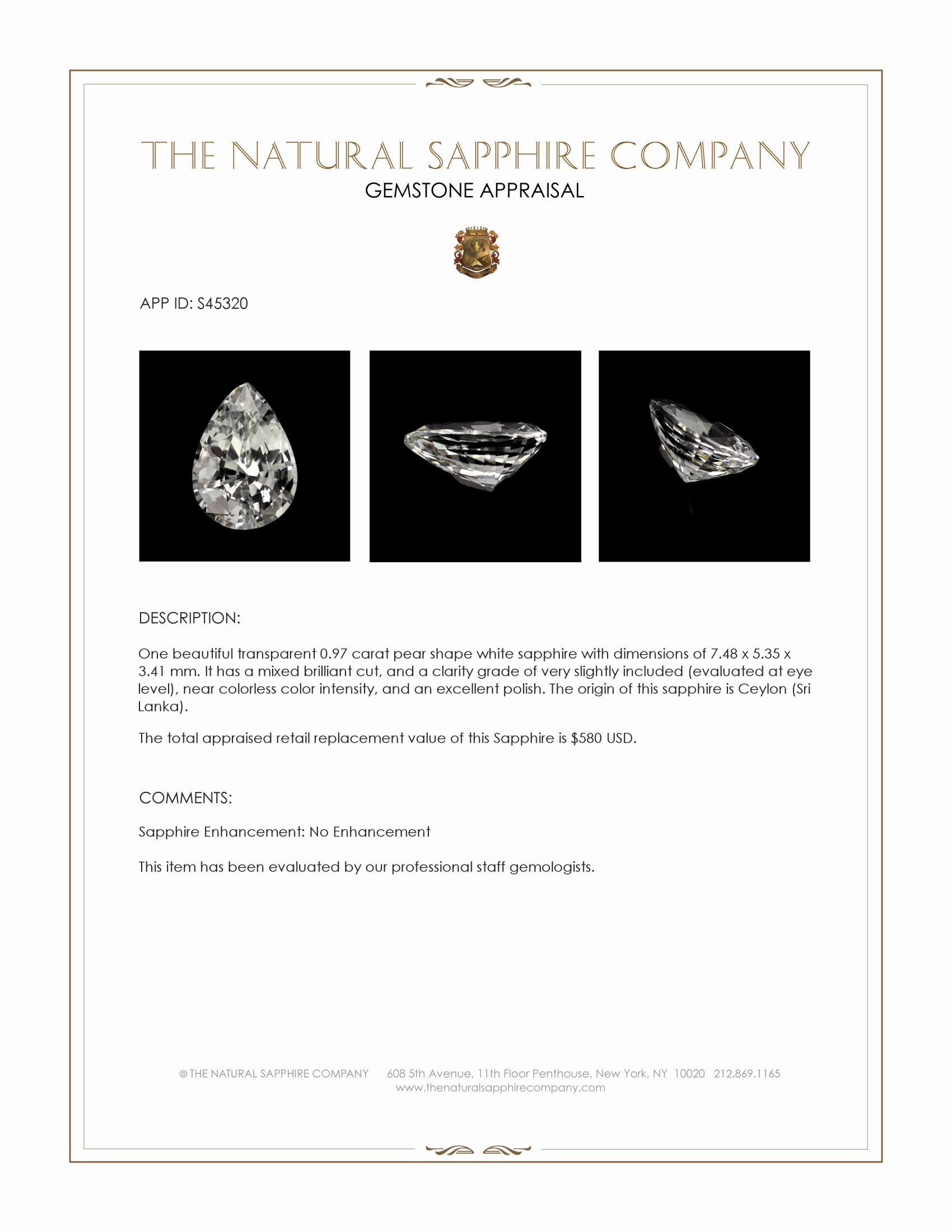 0.97 Ct. White Sapphire from Ceylon (Sri Lanka)