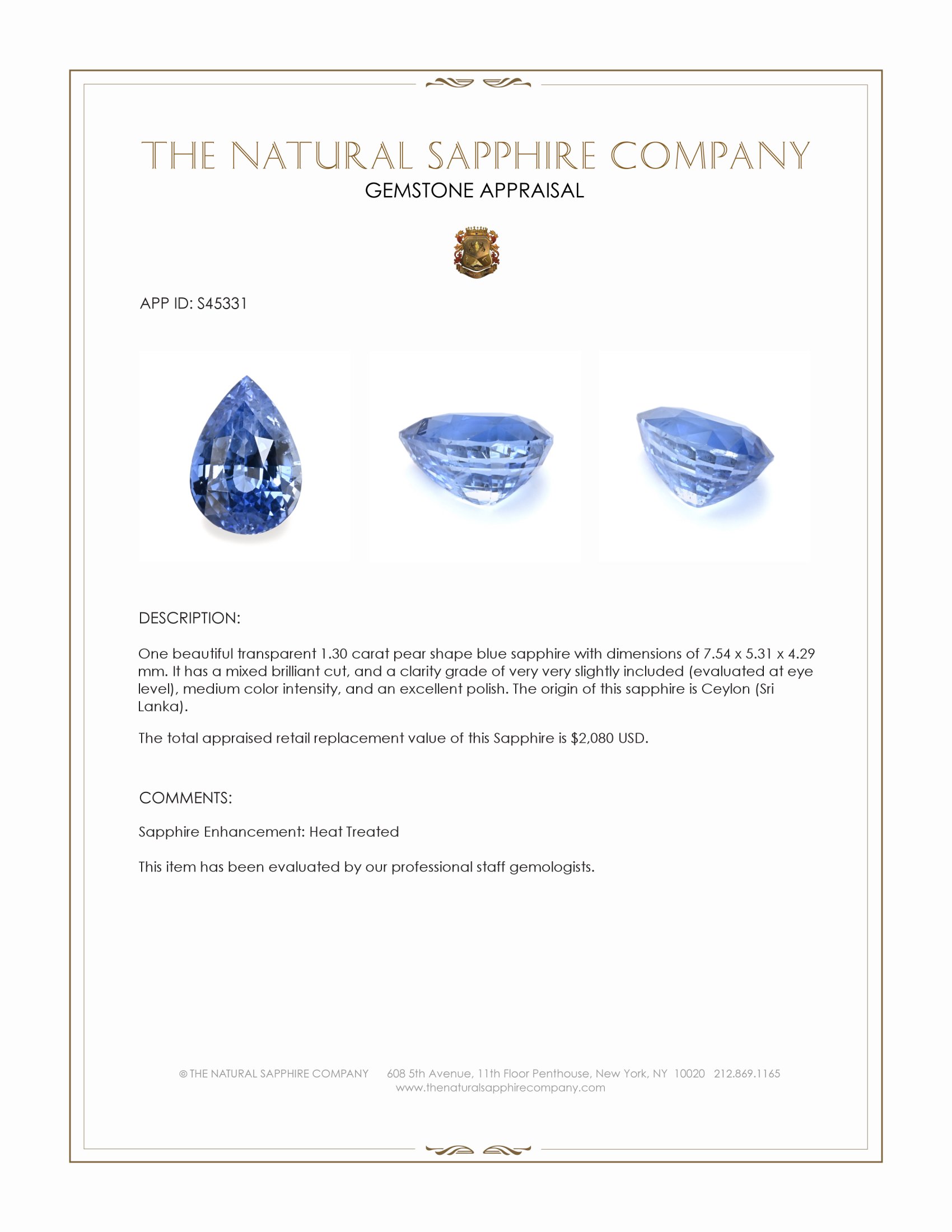 1.30 Ct. Blue Sapphire from Ceylon (Sri Lanka)