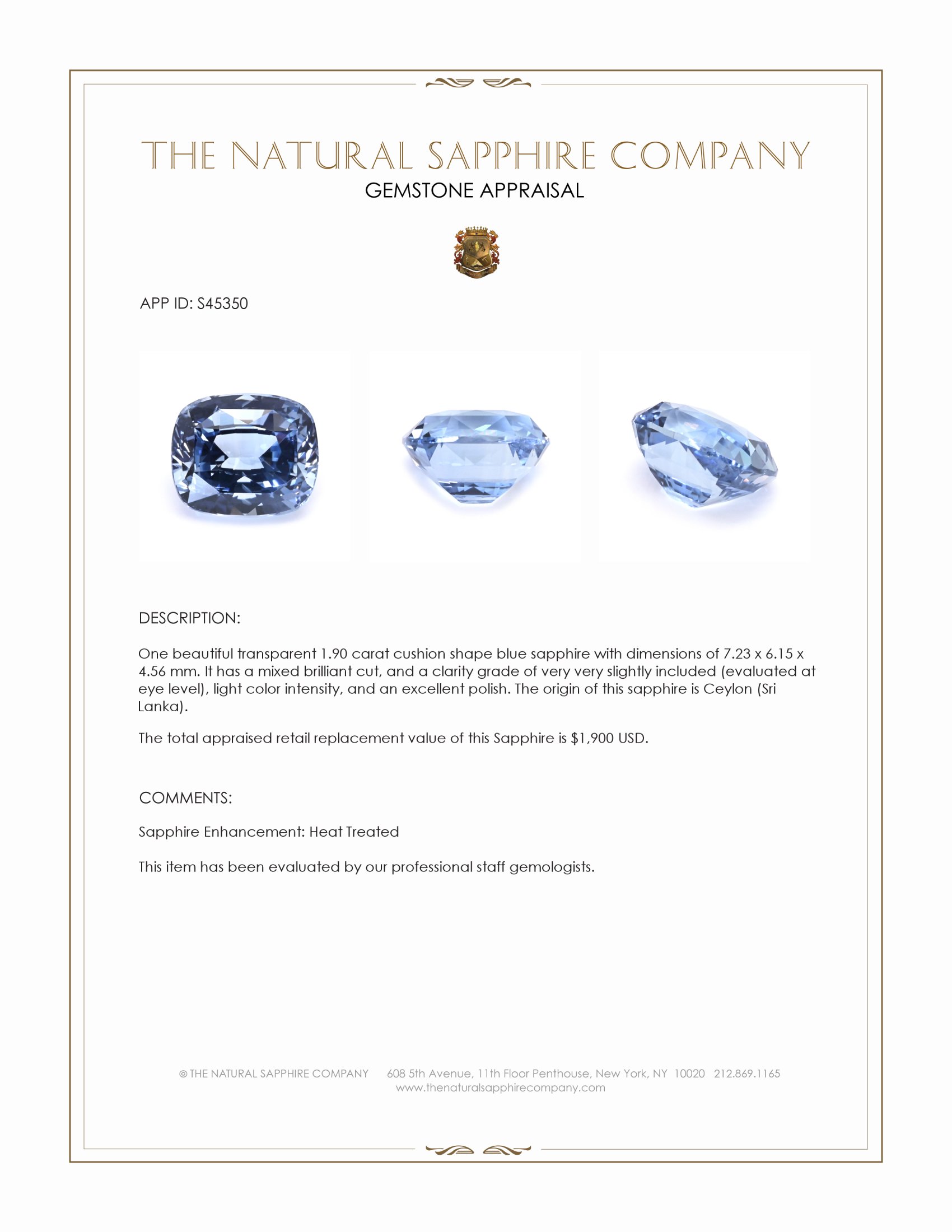 1.90 Ct. Blue Sapphire from Ceylon (Sri Lanka)