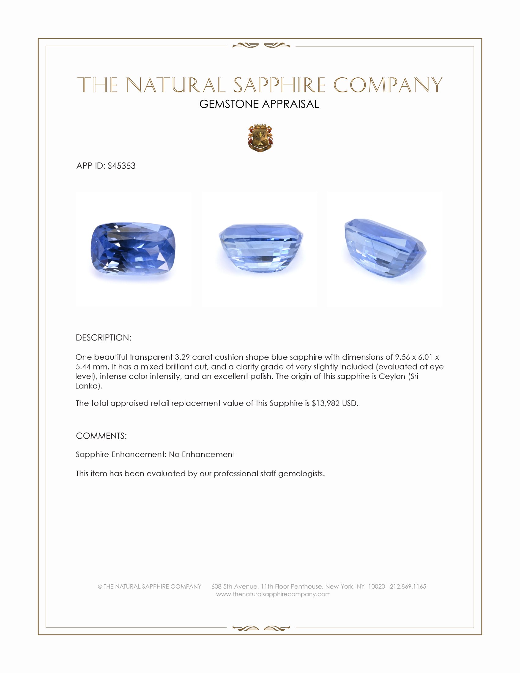 3.29 Ct. Blue Sapphire from Ceylon (Sri Lanka)