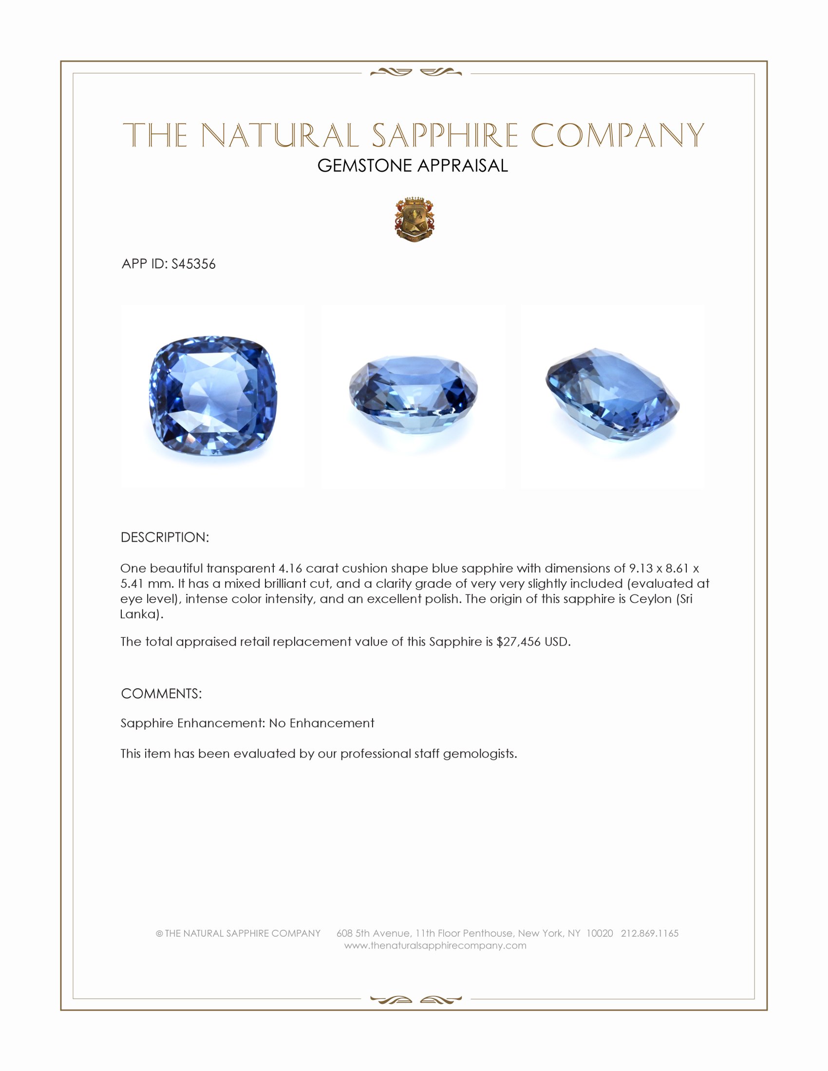 4.16 Ct. Blue Sapphire from Ceylon (Sri Lanka)
