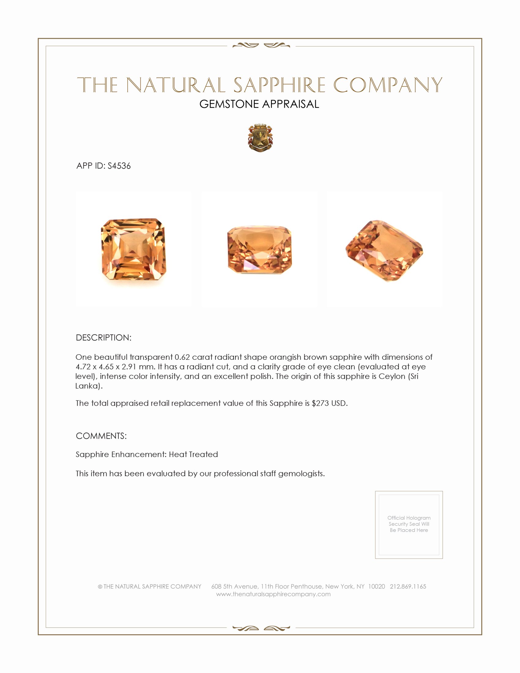 0.62 Ct. Orangish Brown Sapphire from Ceylon (Sri Lanka)